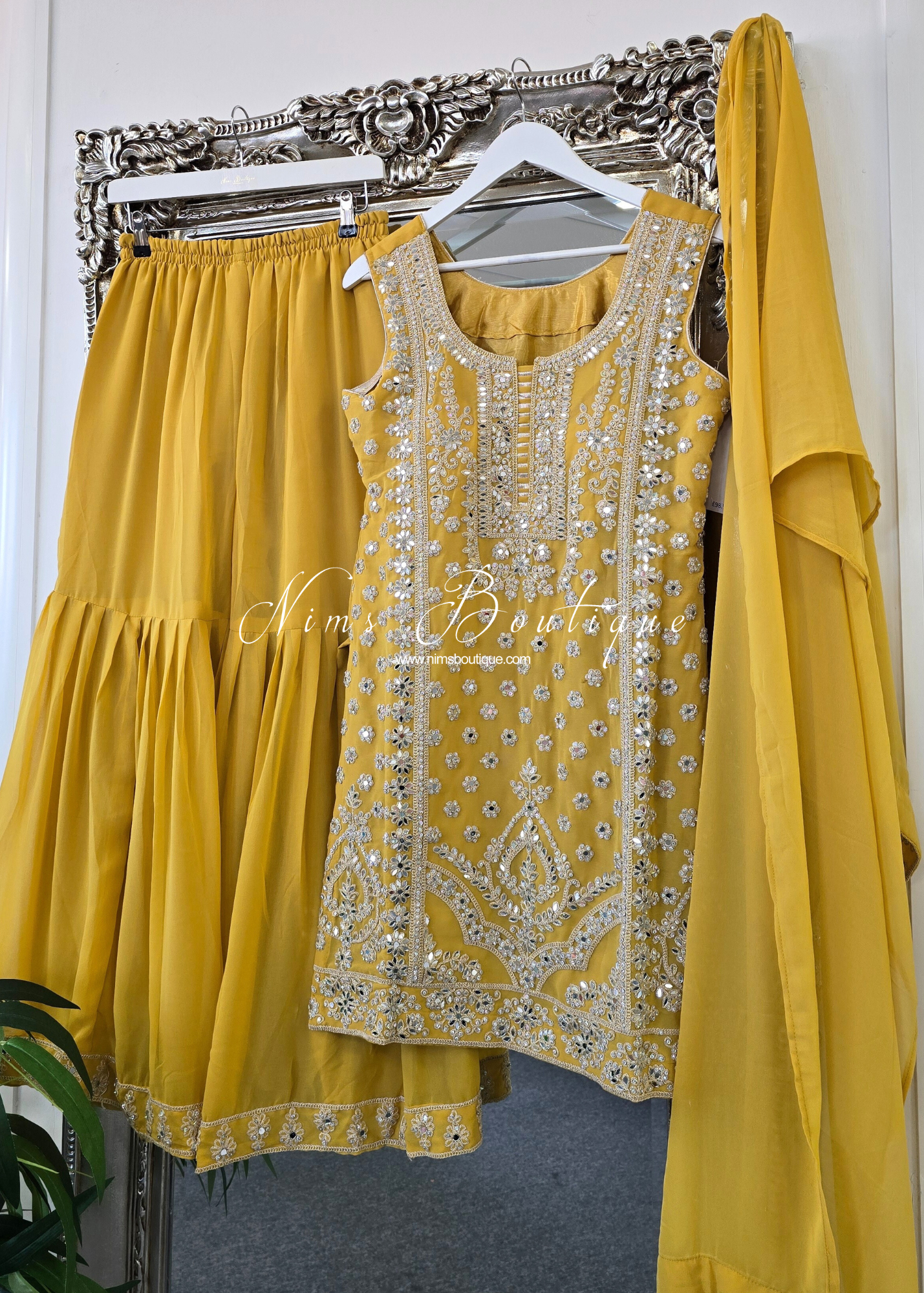 Mustard Yellow Thread Embroidered Gharara Suit (size 10-12)