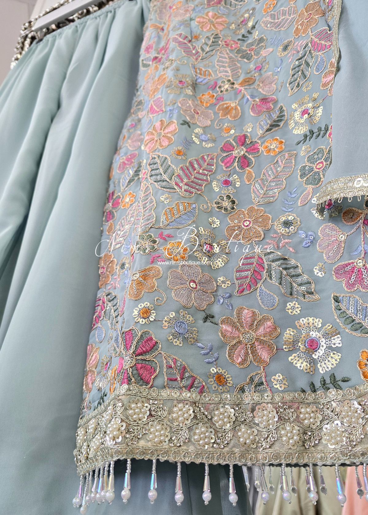 Duck Egg & Pastels Strap Embroidered Sharara Suit (size 12-14)
