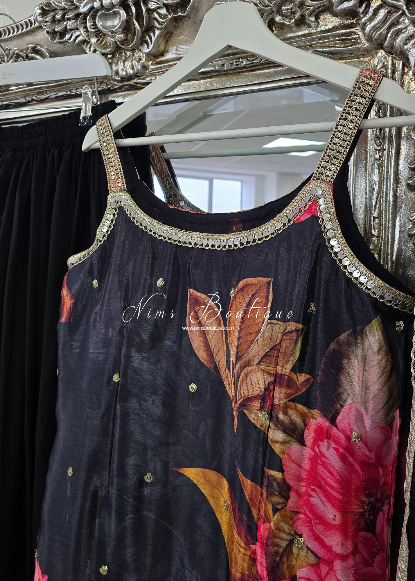 Black Floral Strap Embroidered Sharara Suit (size 14-16)