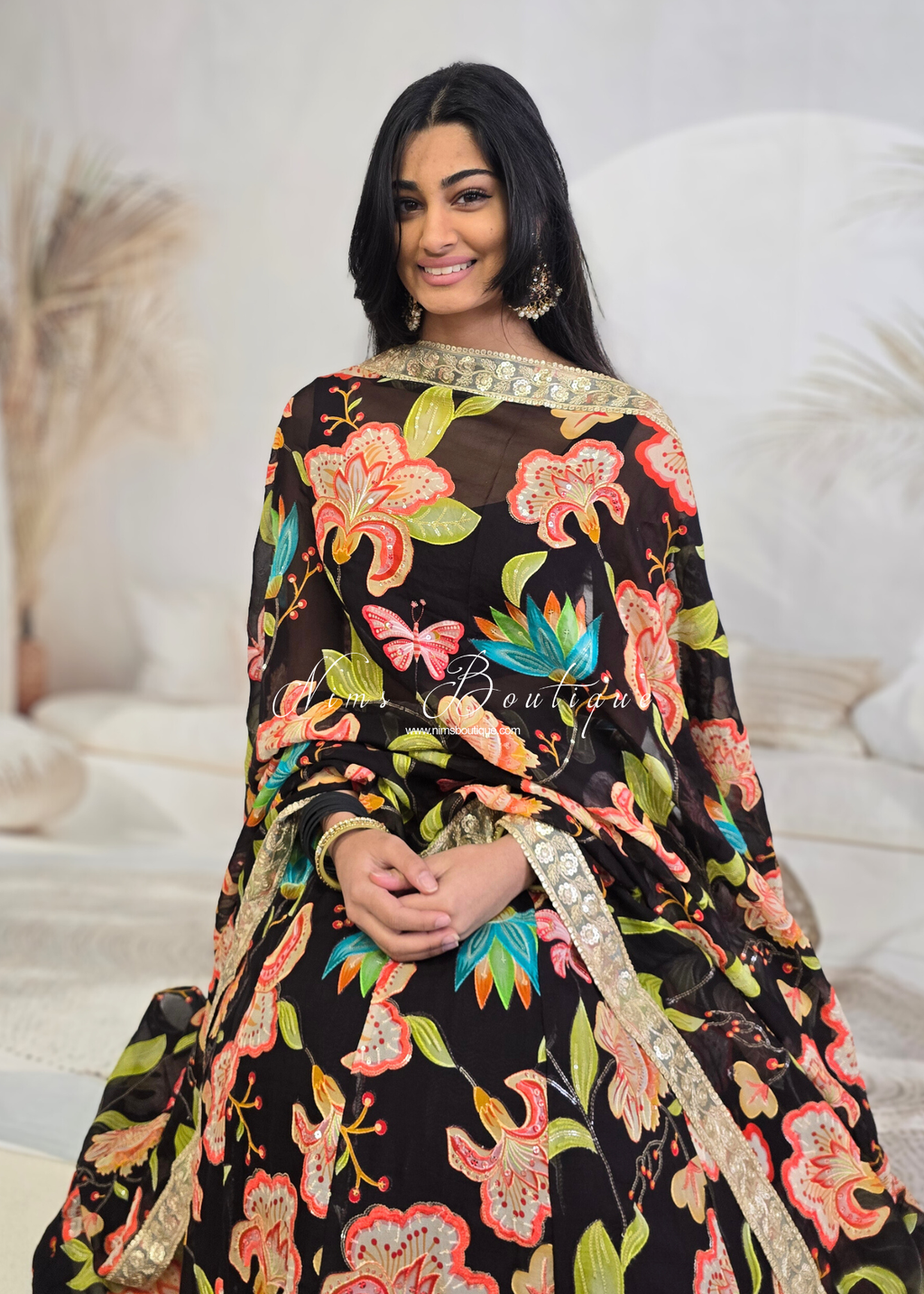 Lillianna Black Brights Floral Dupatta/Chunni