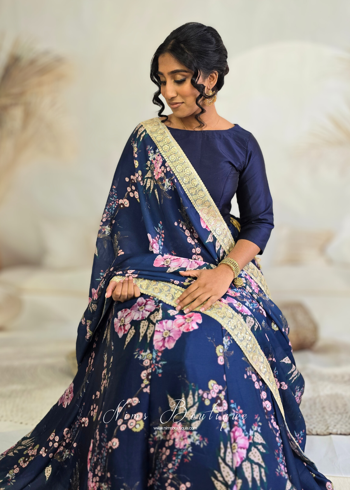 Sakura Navy Satin Print Dupatta/Chunni sequin edging