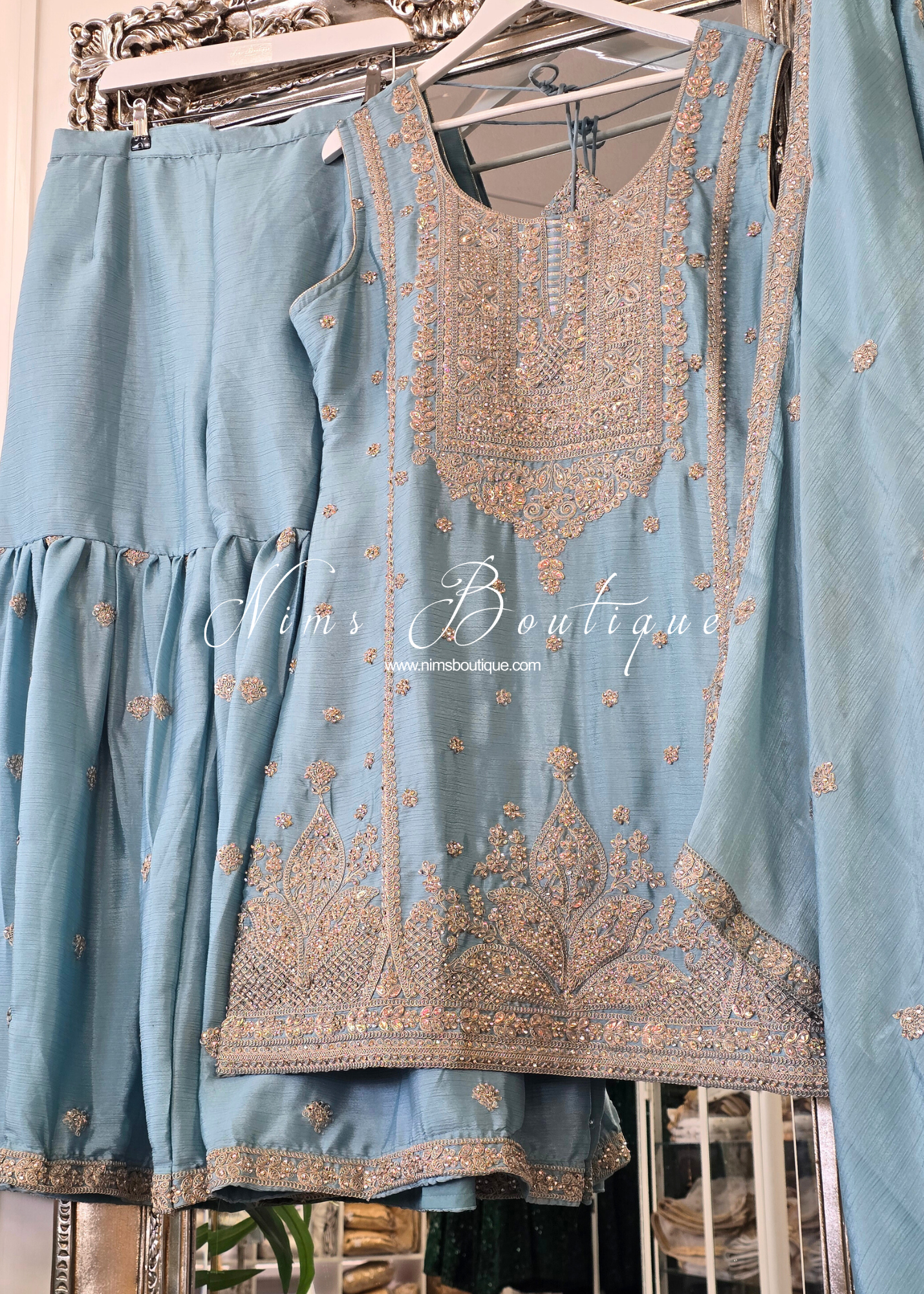 Blue Embroidered Gharara Suit (Size 18-20)