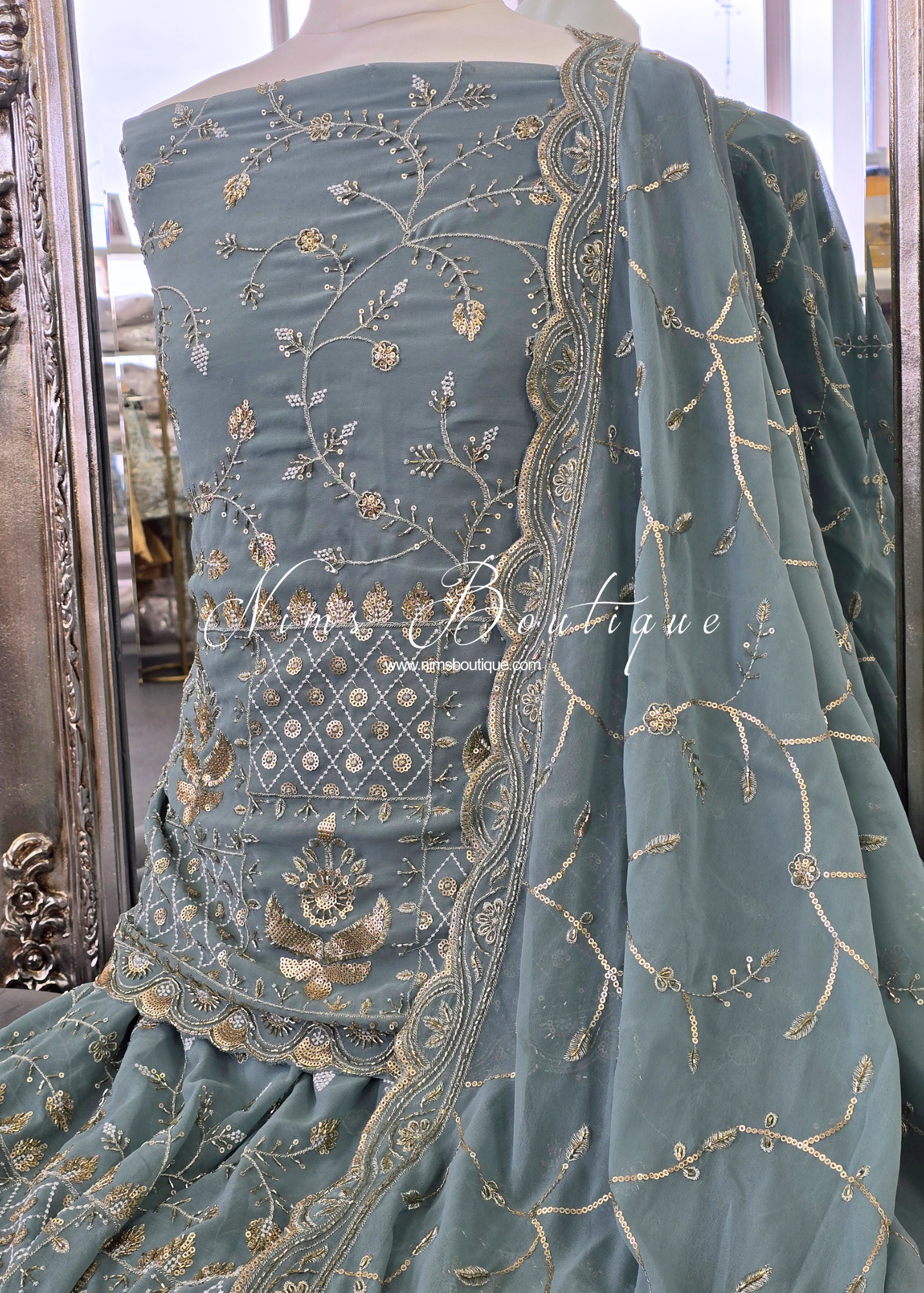 Unstitched Pistachio Green Embroidered Sharara Suit
