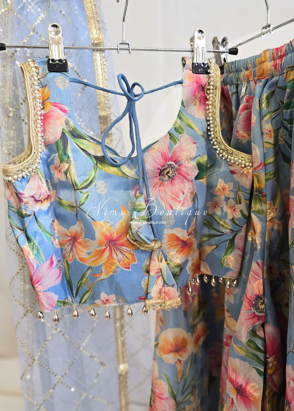 Blue Floral Kids Trouser Suit