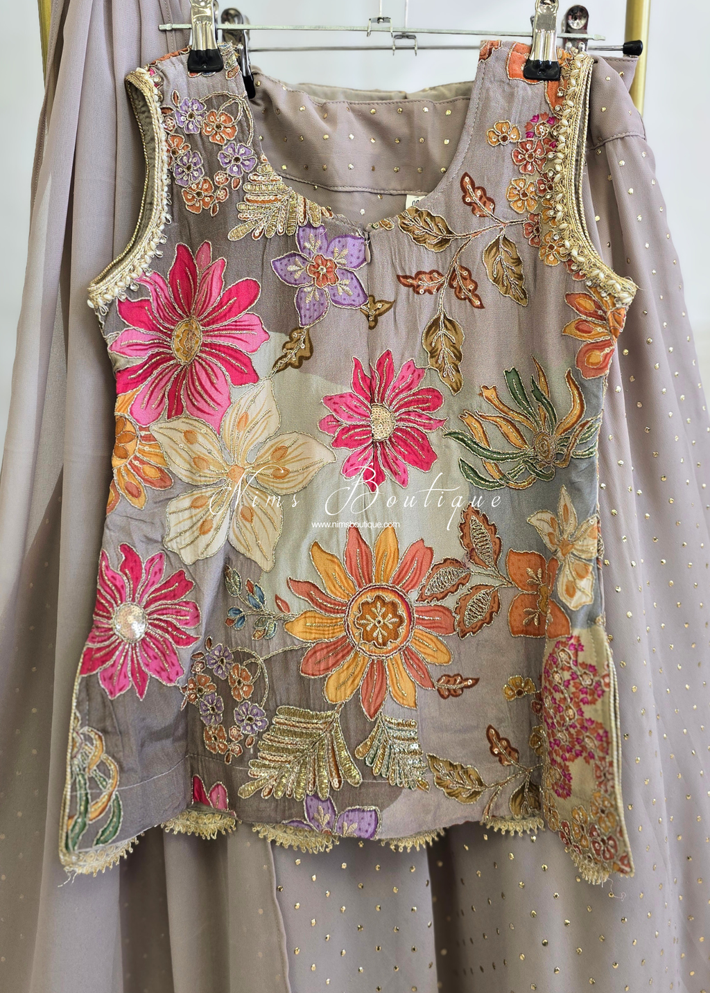 Beige/Grey Floral Kids Lehnga