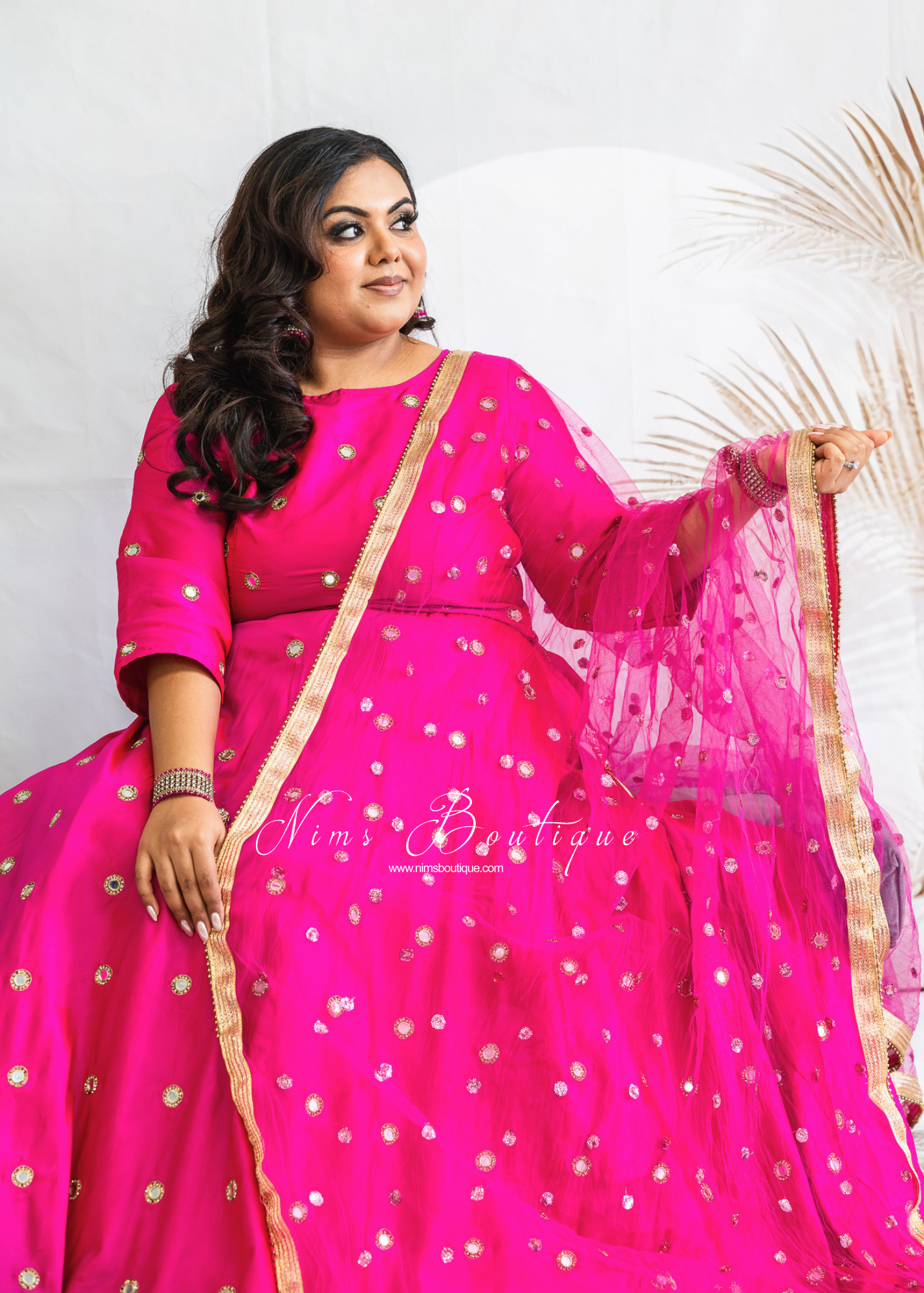NB Hot Pink Net Sequin Dupatta/Chunni