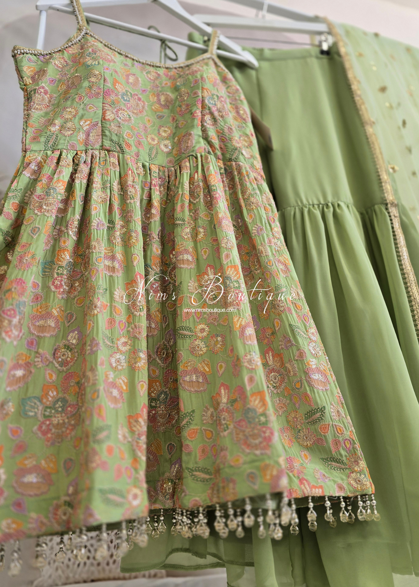 Lime Pastels Frock Thread Embroidered Gharara Suit (size 12)