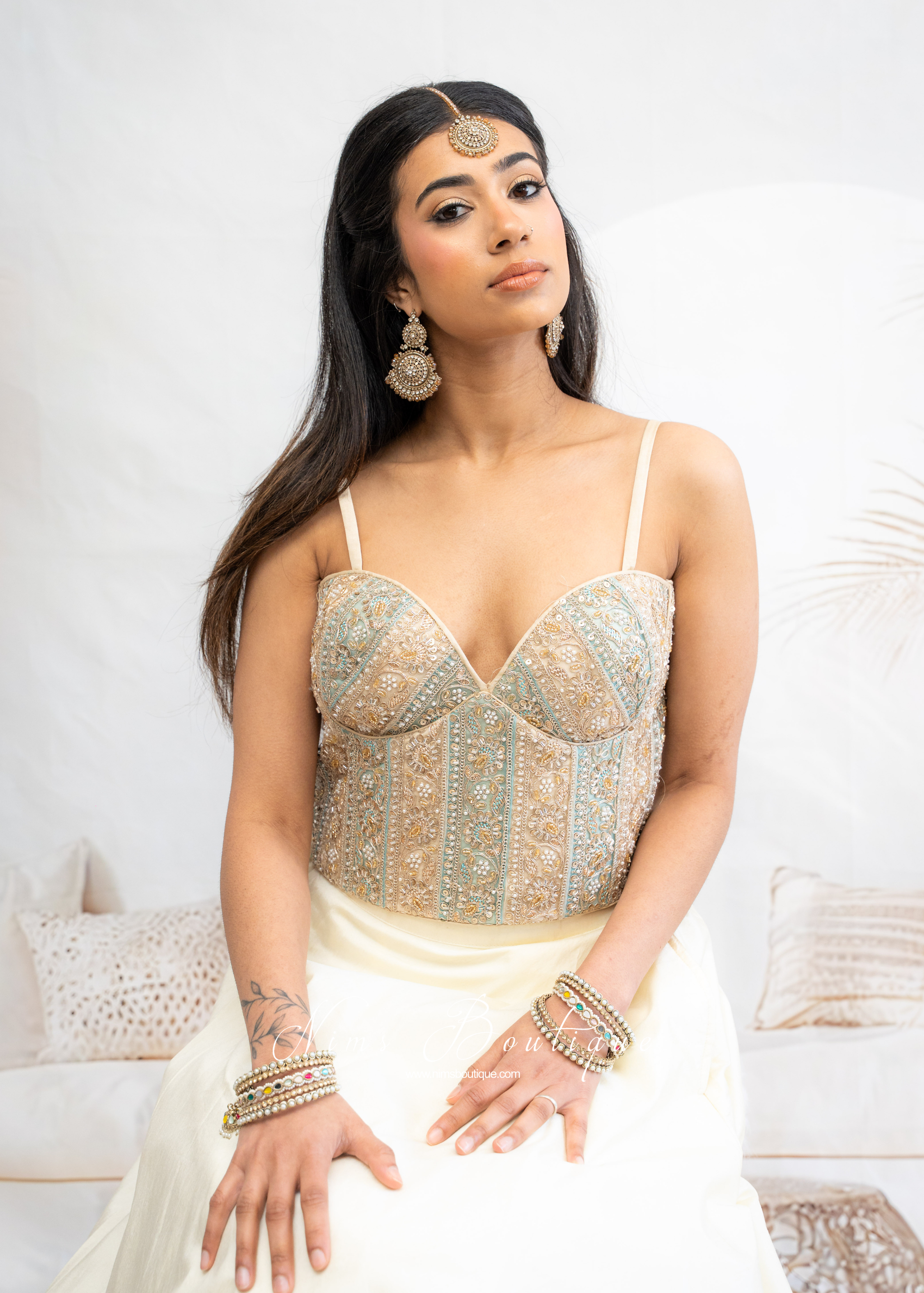 Maria Luxury Blue & Gold Embroidered Corset Blouse (one size)