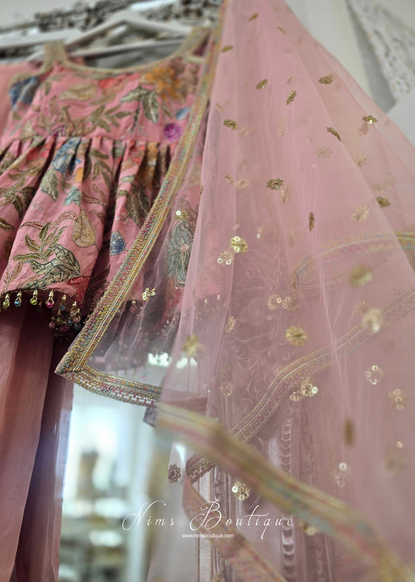 Peachy Pink Frock Thread Embroidered Gharara Suit (size 12-14)
