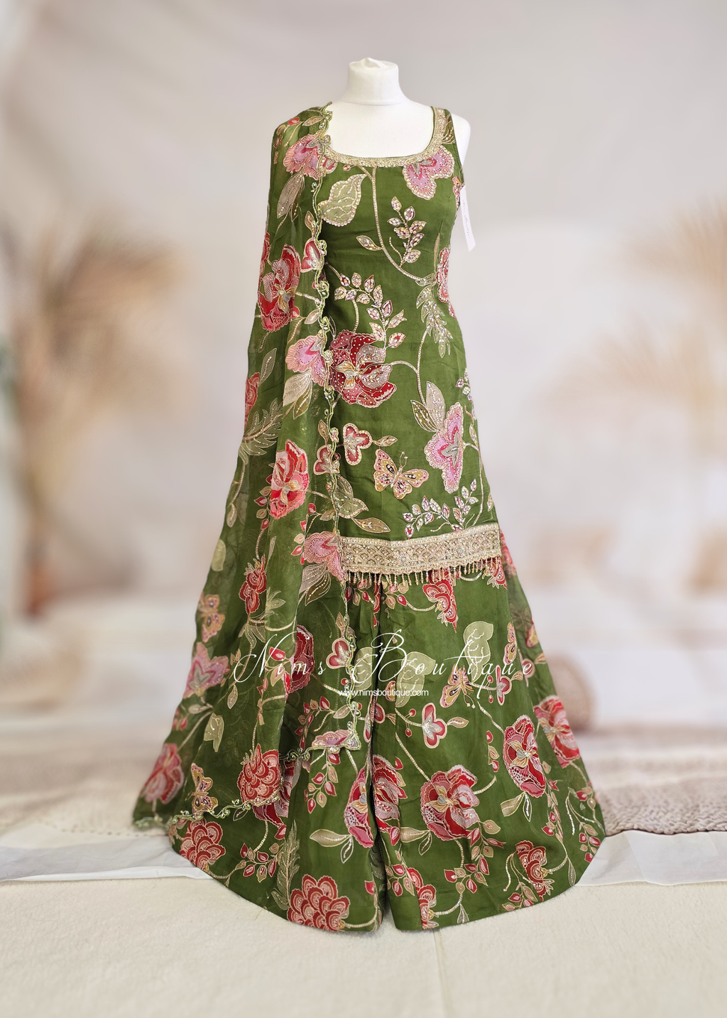 Luxury Olive Green Embellished Gharara Suit (size 10-12)