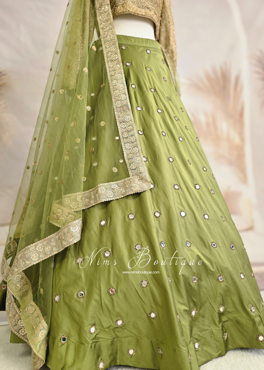 Rani Luxury Silk Mehndi Green Mirror readymade skirt/lehnga (sizes 8-20)