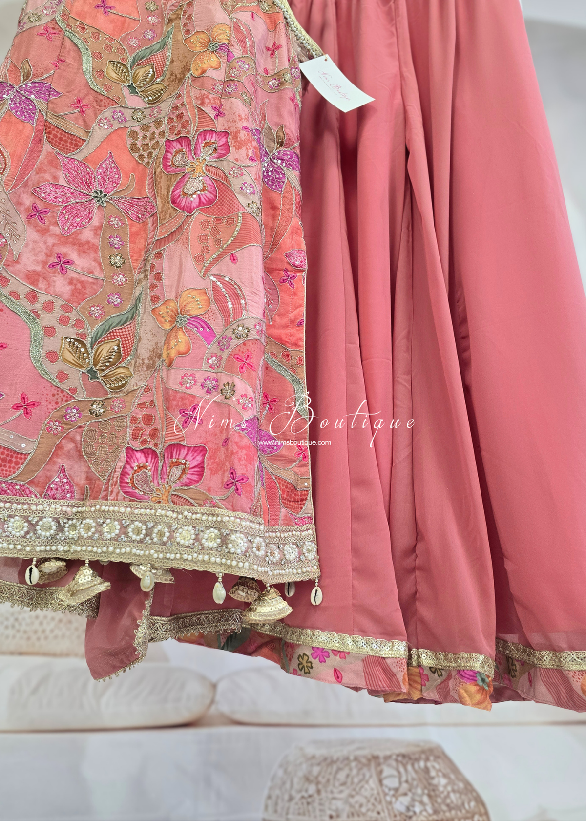 Coral Peach Floral Thread Embroidered Sharara Suit (size 14-16)