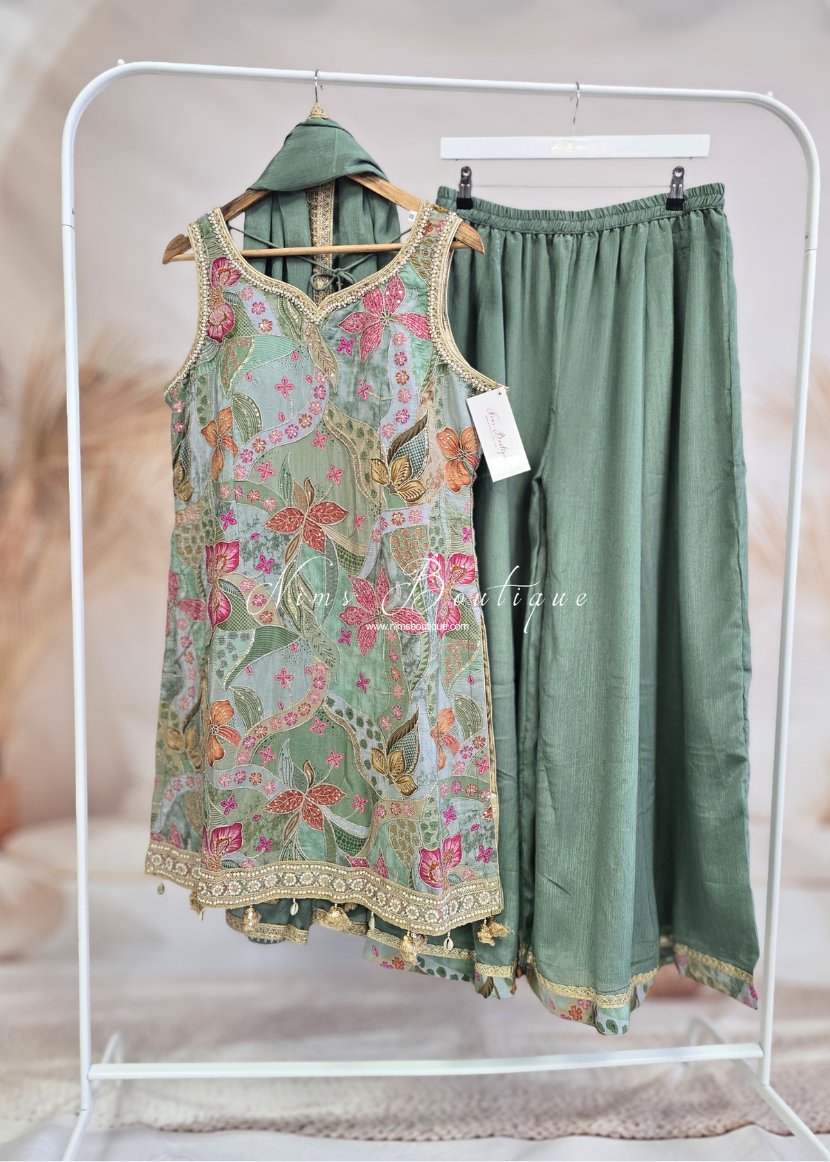 Deep Sage Floral Thread Embroidered Sharara Suit (size 14-16)