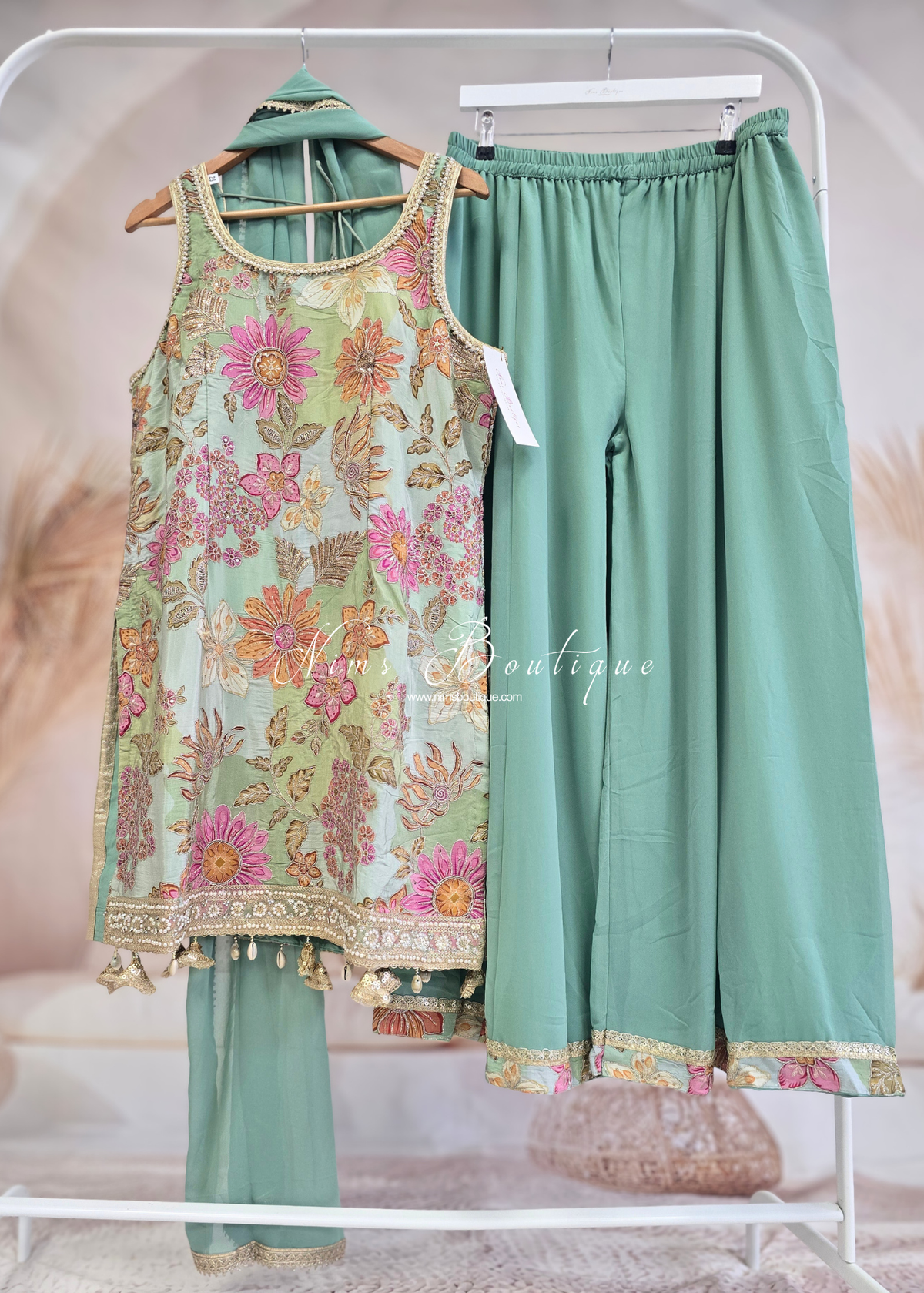 Dusky Mint Floral Thread Embroidered Sharara Suit (size 18-20)