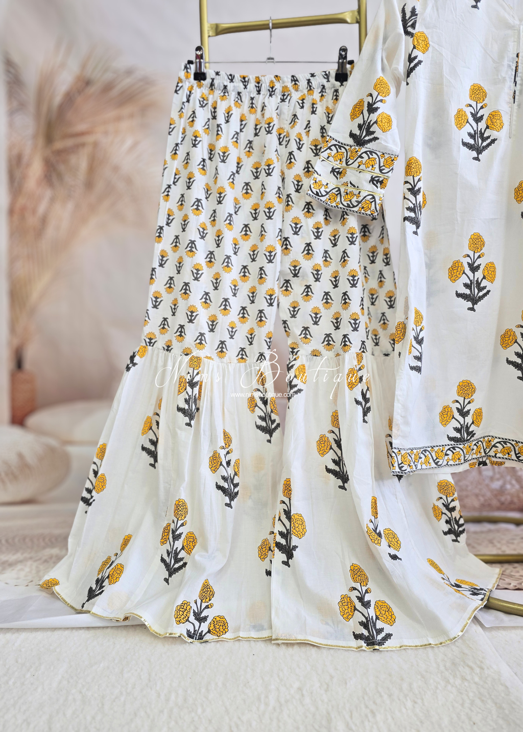 White Yellow Cottom Printed Floral Gharara Suit (size 14-18)