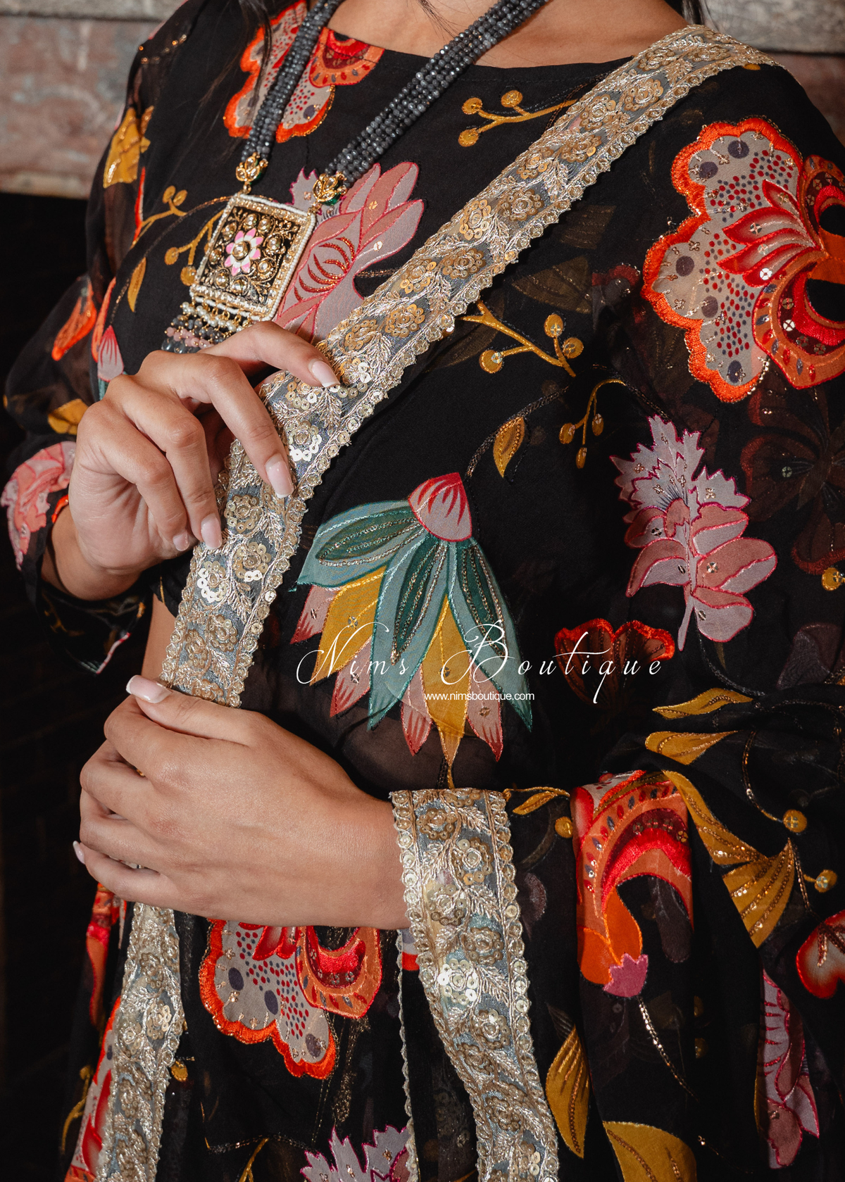 Evelina Black & Orange Floral Dupatta/Chunni