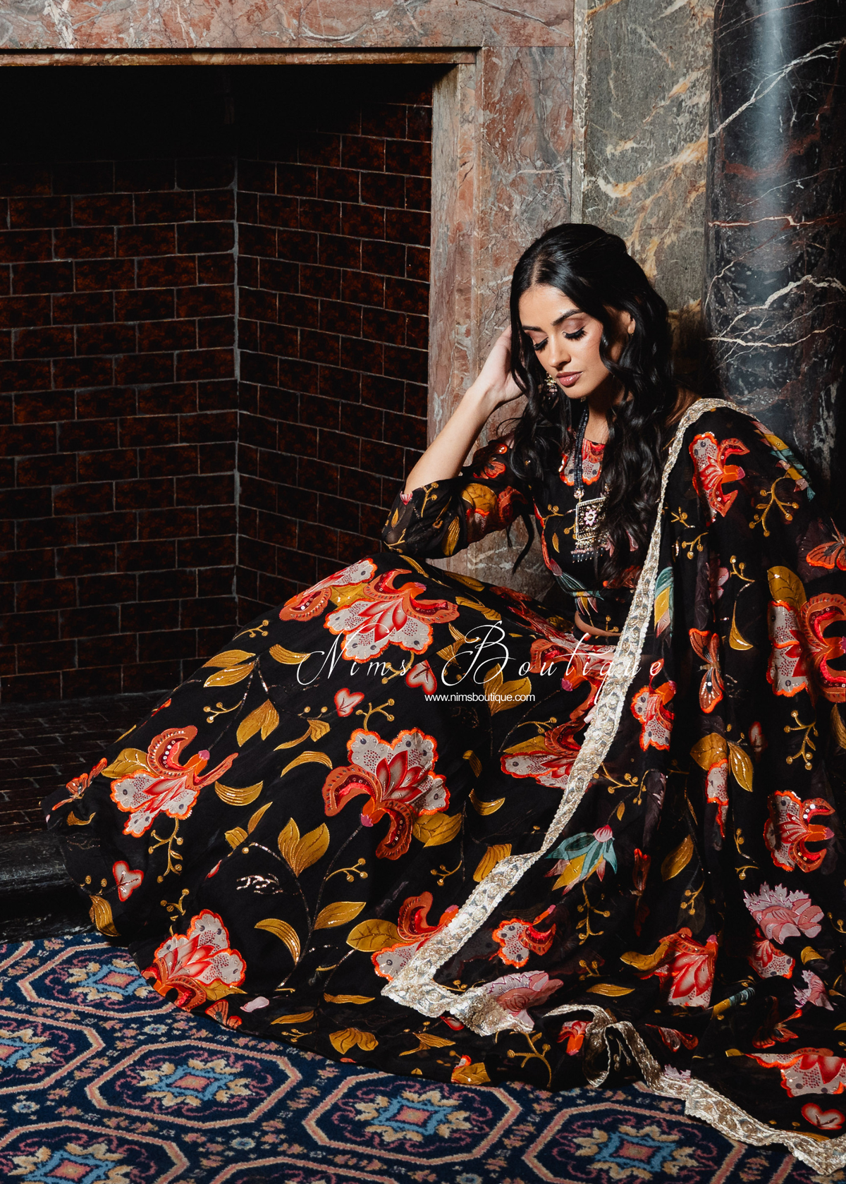 Evelina Black & Orange Floral readymade skirt/lehnga (size 6-24)