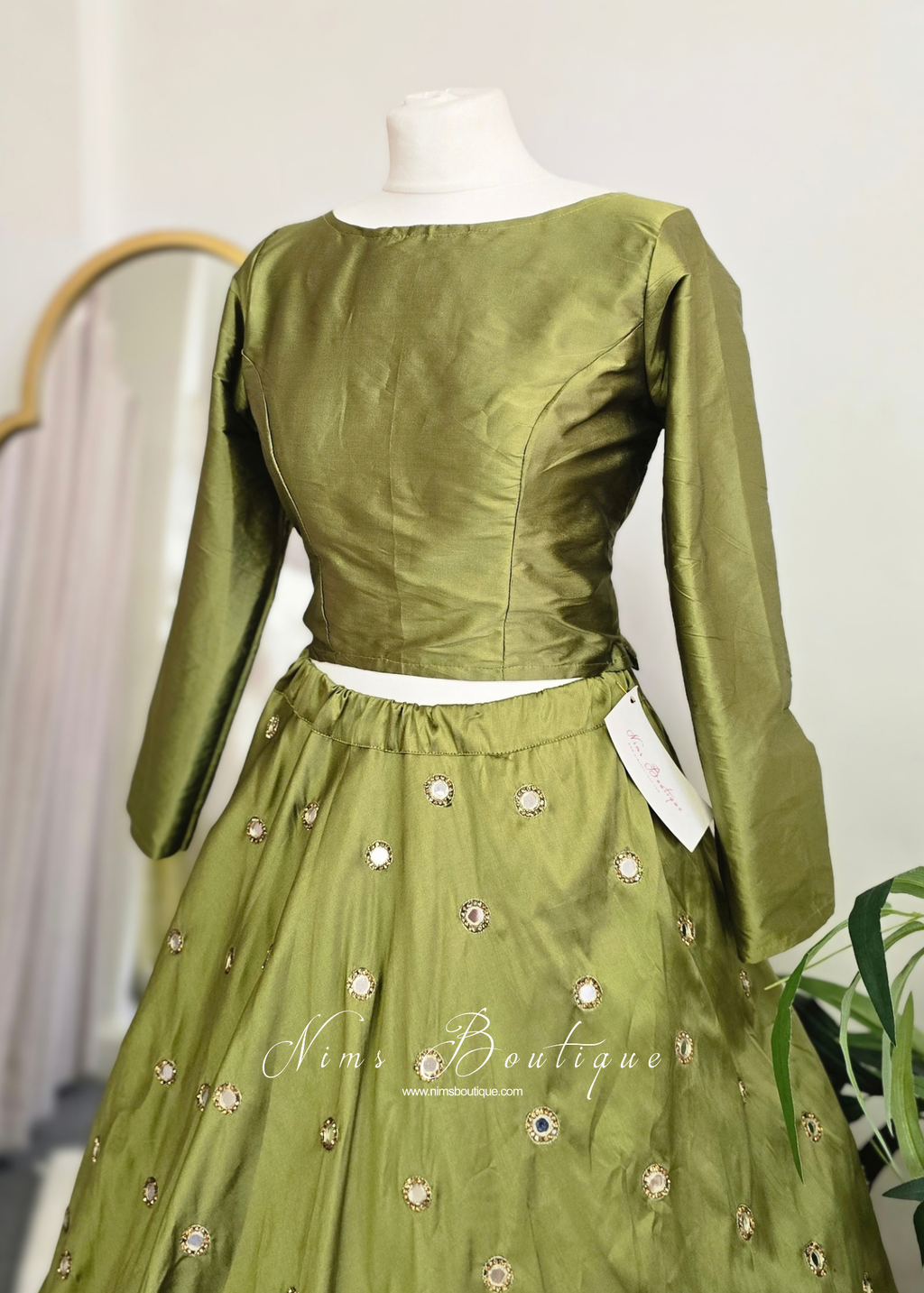 Mehndi Green Silk High Neck Blouse with sleeves (8-20)