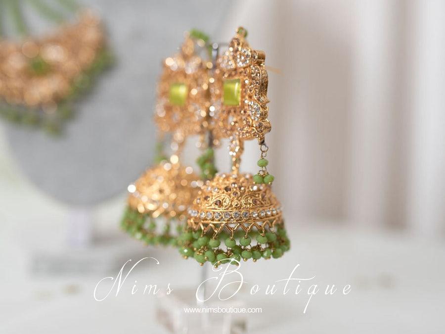 Nims Boutique Ridhi Lime Green Earrings, Tikka & Passa Set