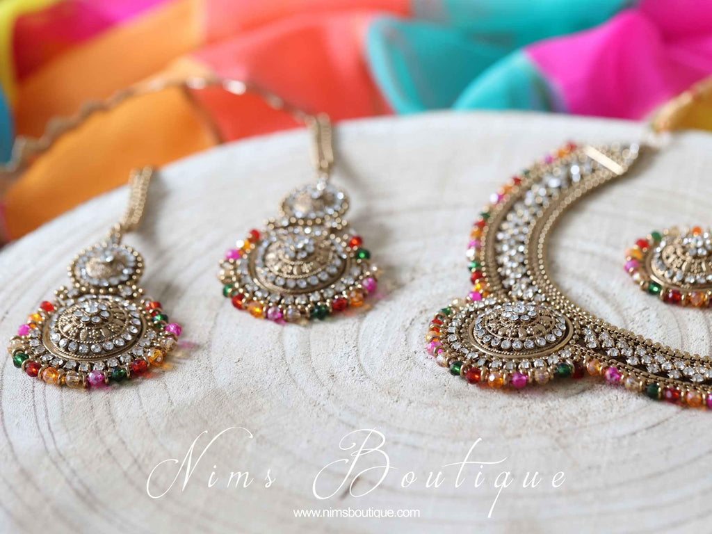 Nims Boutique Small Royal Antique Gold Multicolour set with earring chains M5
