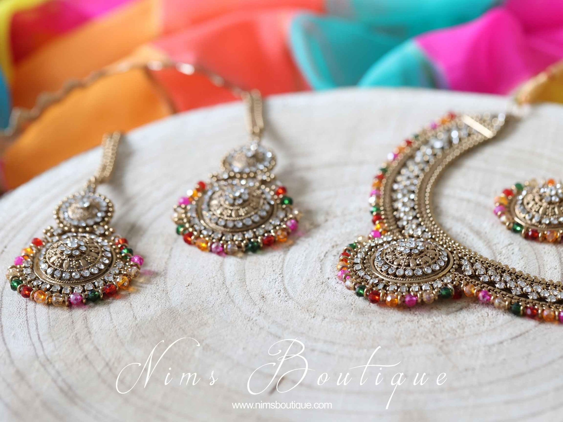 Nims Boutique Small Royal Antique Gold Multicolour set with earring chains M5
