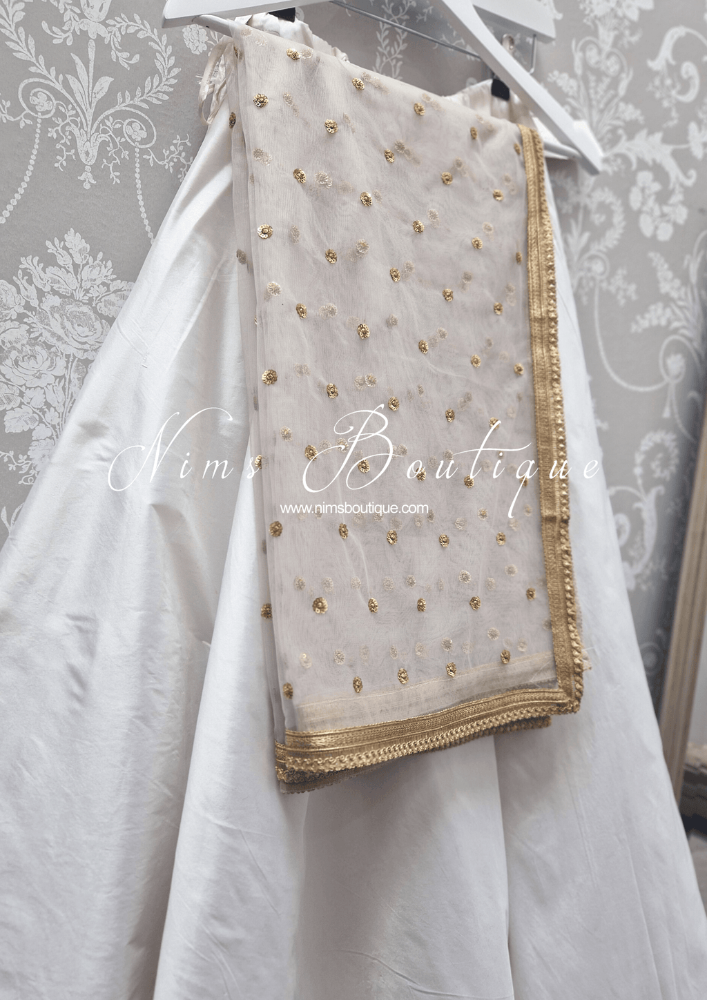 Nims Boutique Luxury Light Grey Net Sequin Dupatta/Chunni LNS3