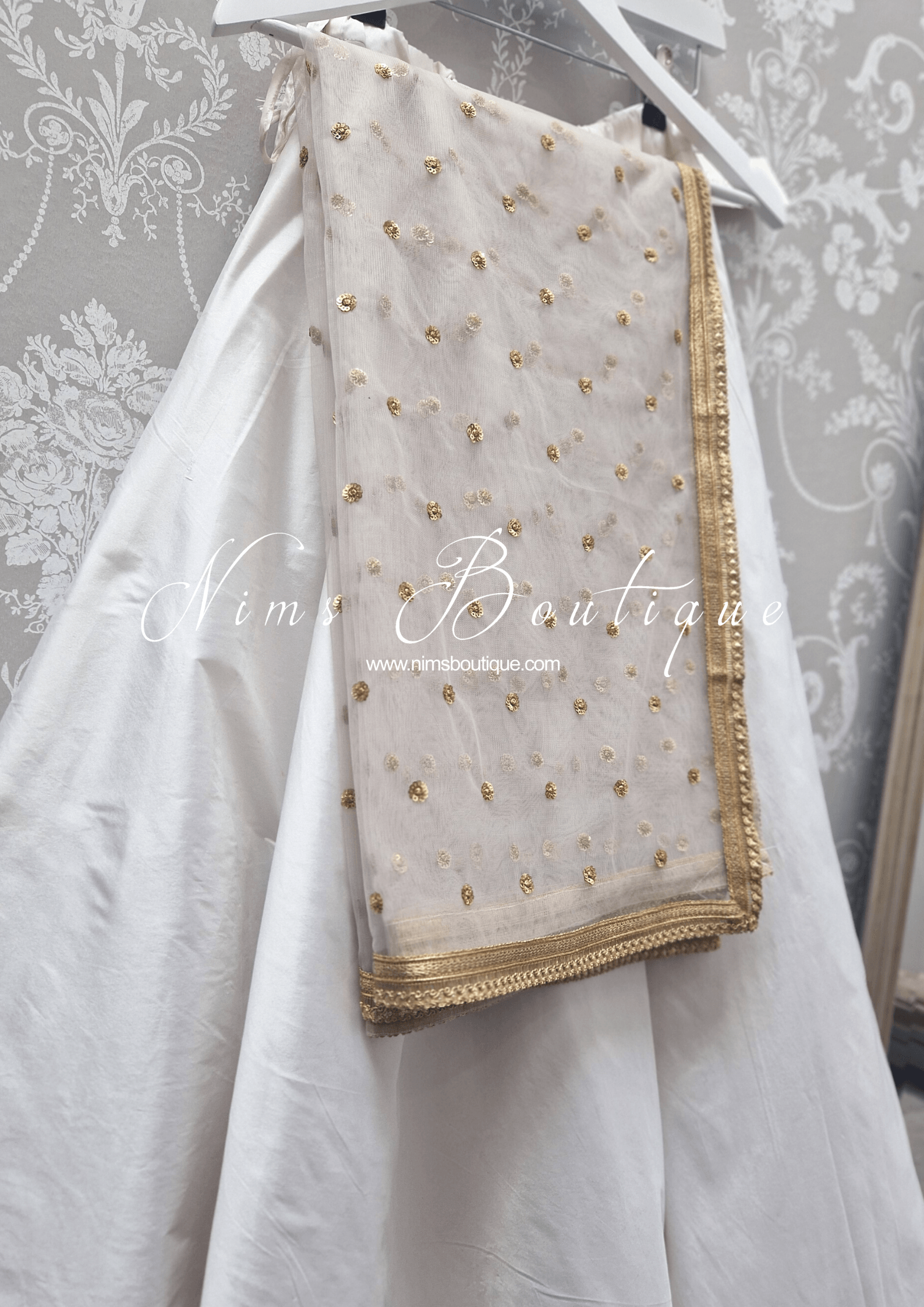Nims Boutique Luxury Light Grey Net Sequin Dupatta/Chunni LNS3