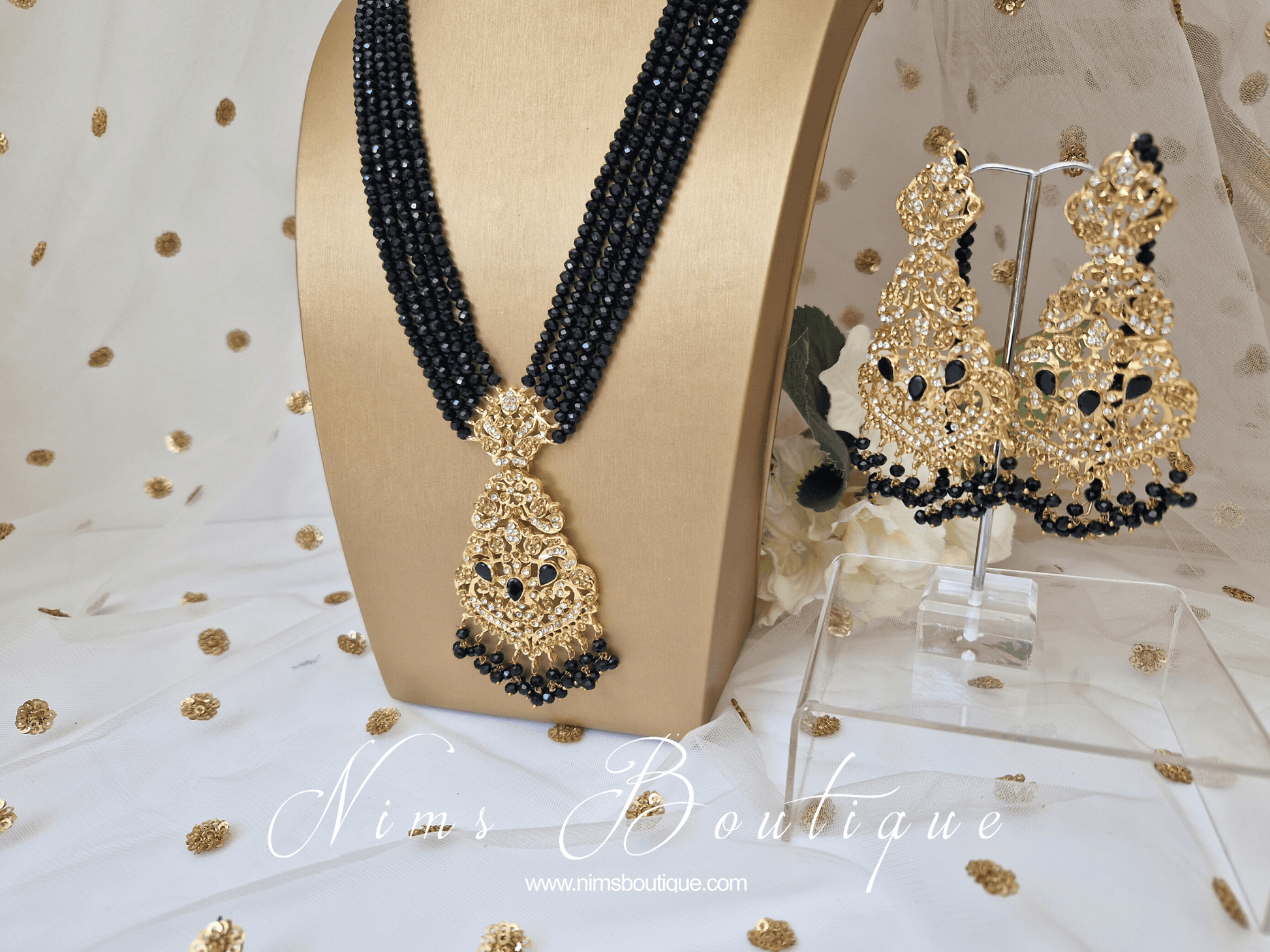 Nims Boutique Neena Black & Gold Long Necklace Set