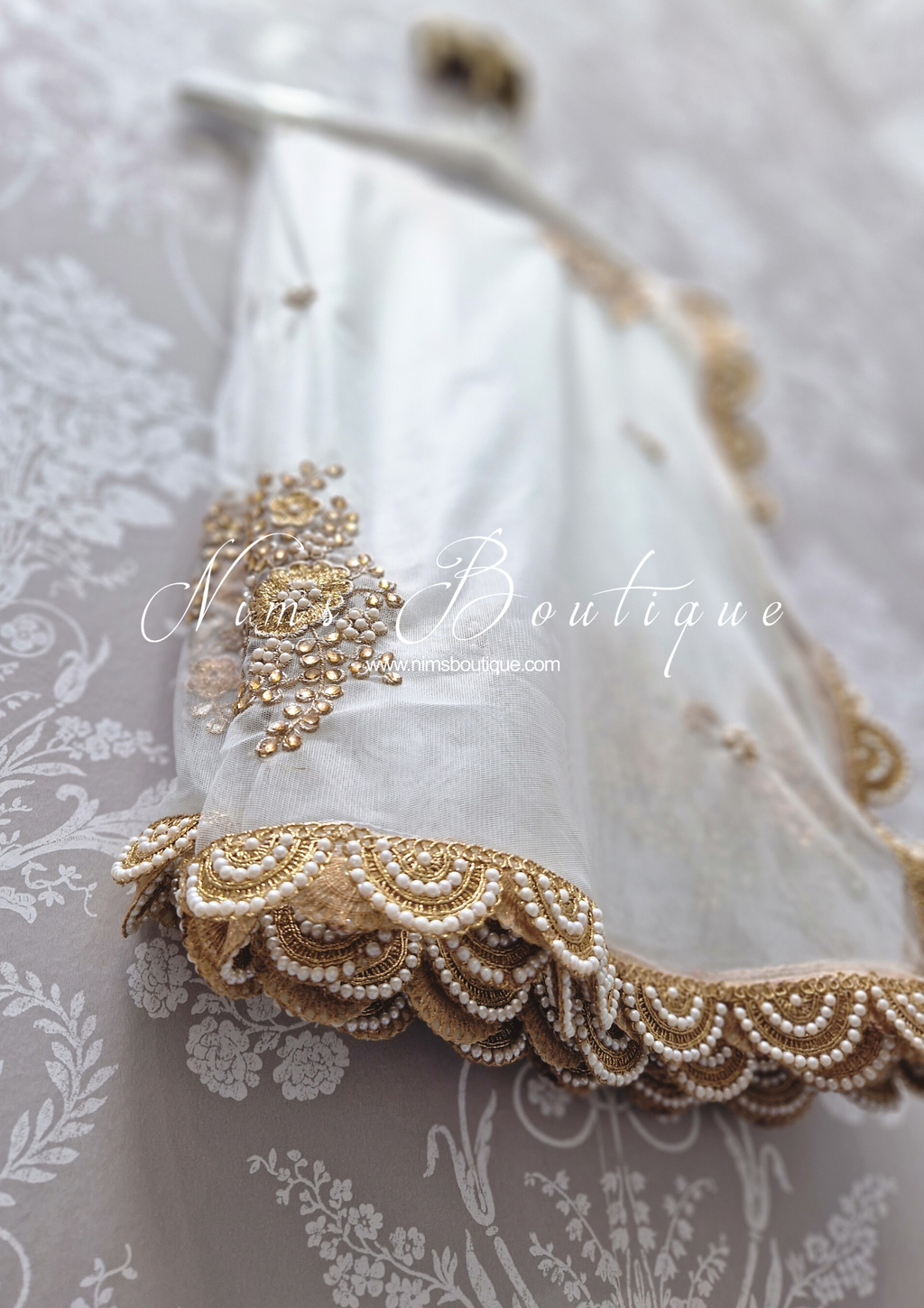 Nims Boutique White Net Pearl Embellished Dupatta/Chunni with Luxury Pearl Edging NPE2