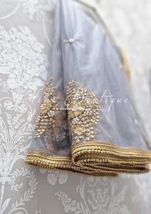 Grey Net Pearl Embellished Dupatta/Chunni with Gold Bead Edging (GB1)