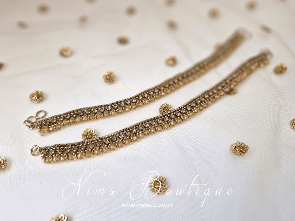 Nims Boutique Pair of Royal Antique Gold & Gold Stone Anklets