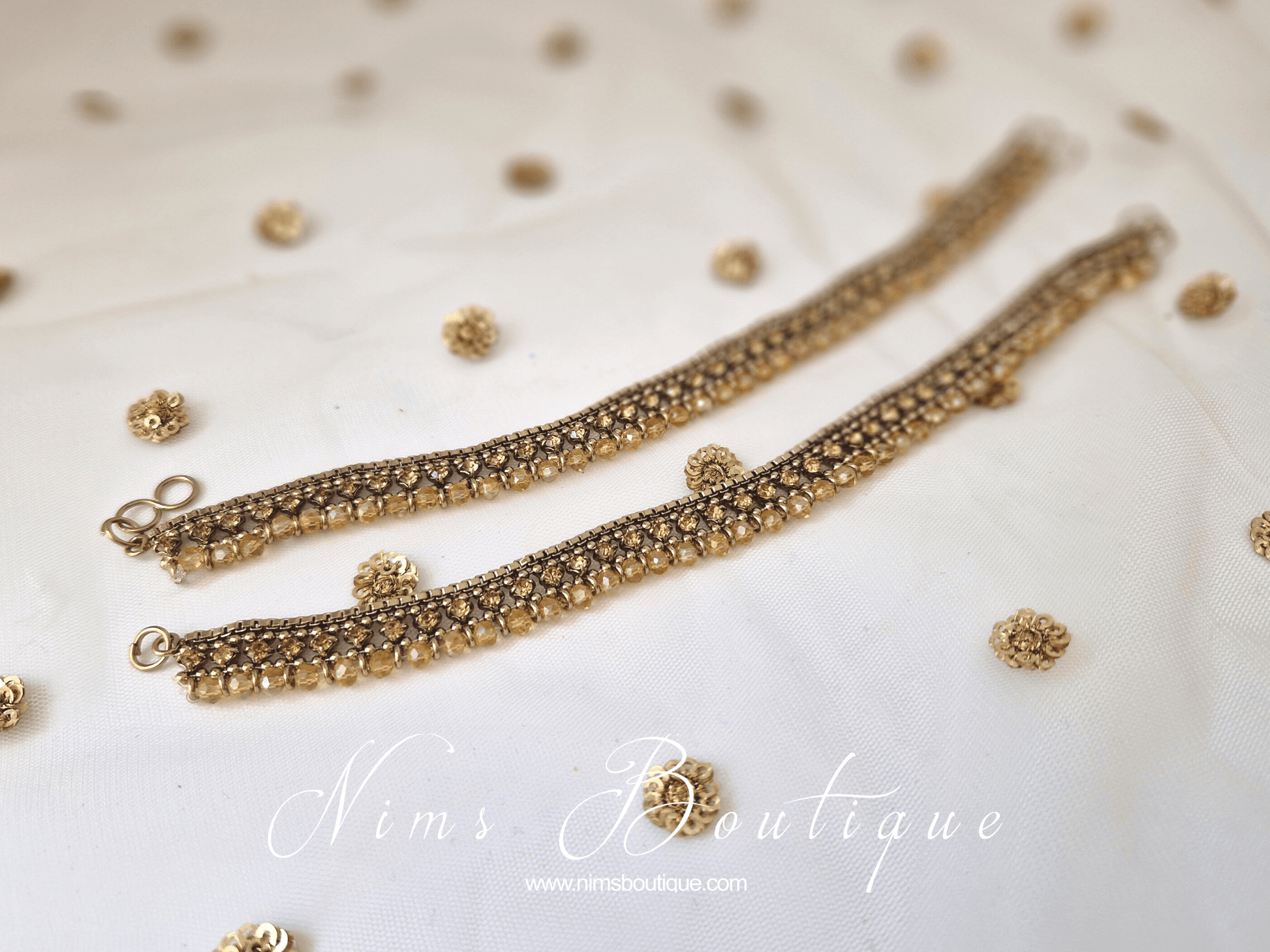 Nims Boutique Pair of Royal Antique Gold & Gold Stone Anklets
