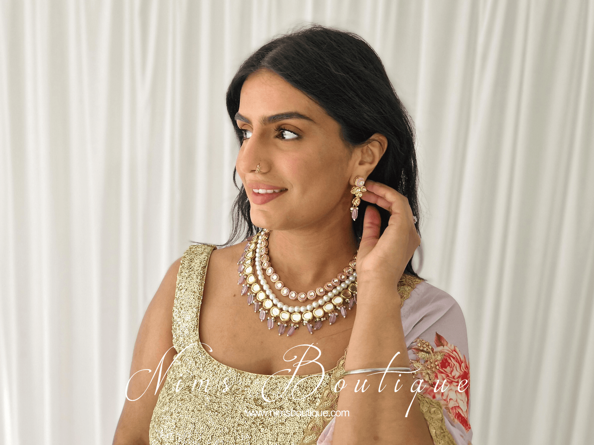 Nims Boutique Myra Blossom Kundan Deep Lilac & Pink Haar Set