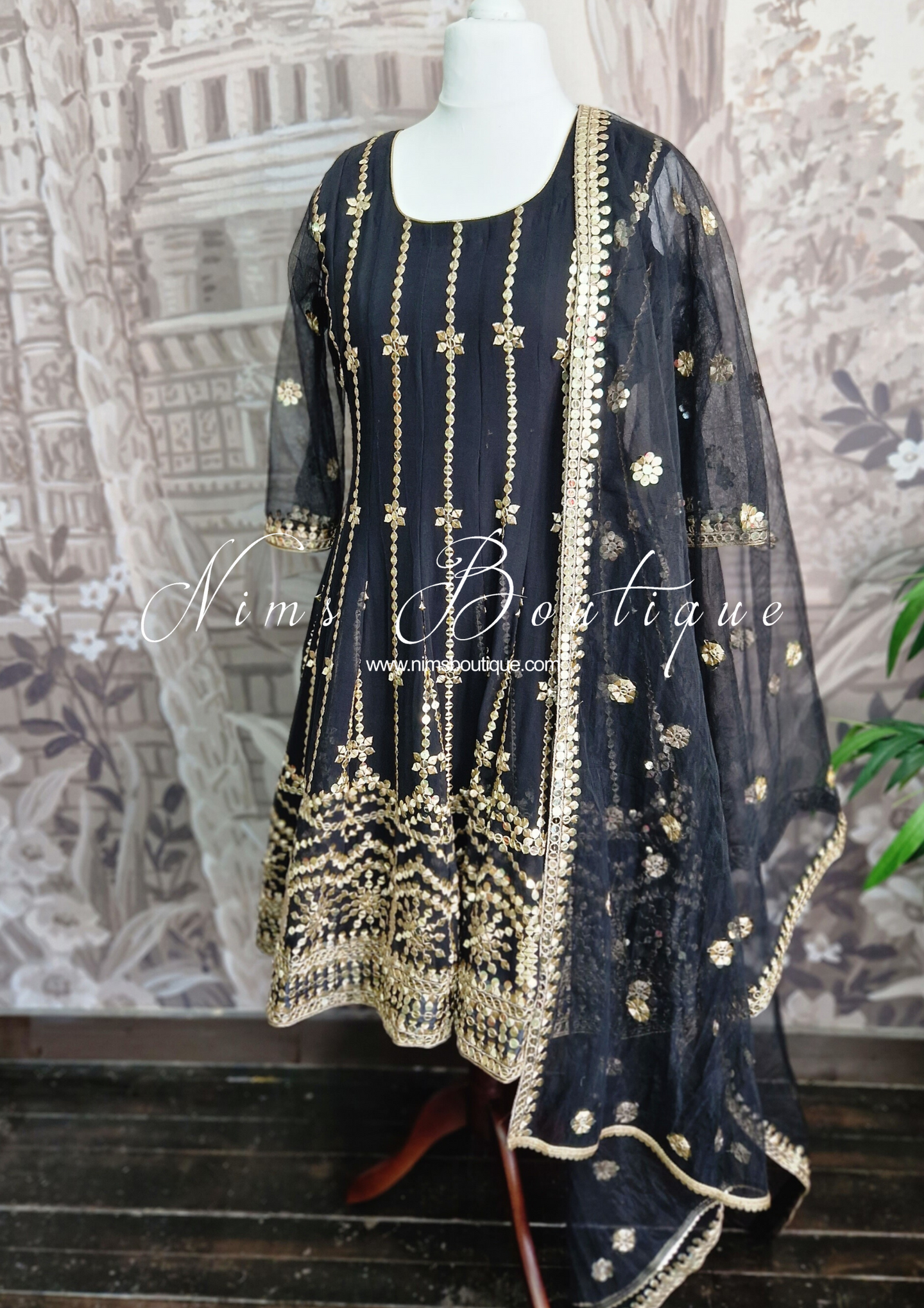 Sofiya Black Sequin Long Sleeve Anarkali Suit with Pajami (18-20)