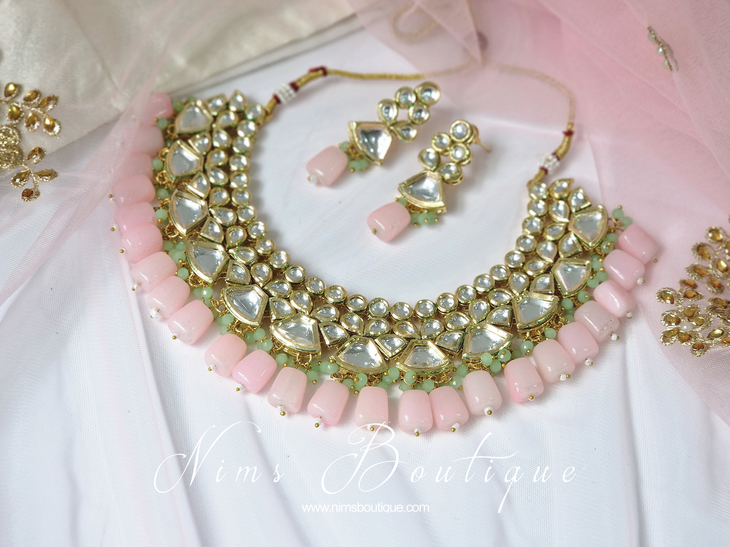 Freya Pink & Mint Kundan Set