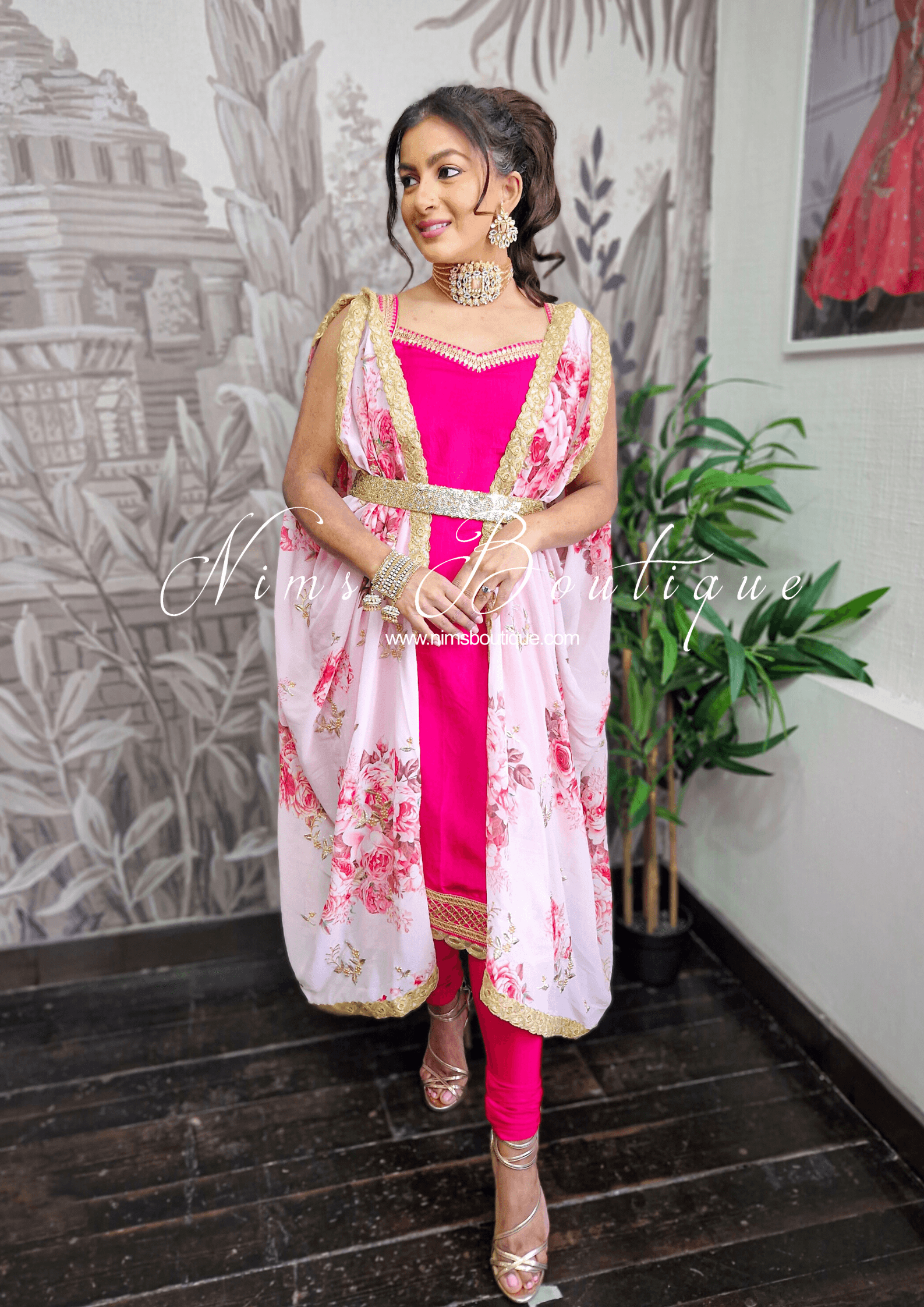 Nims Boutique La Floraison Pink Floral Georgette Dupatta/Chunni LFG4
