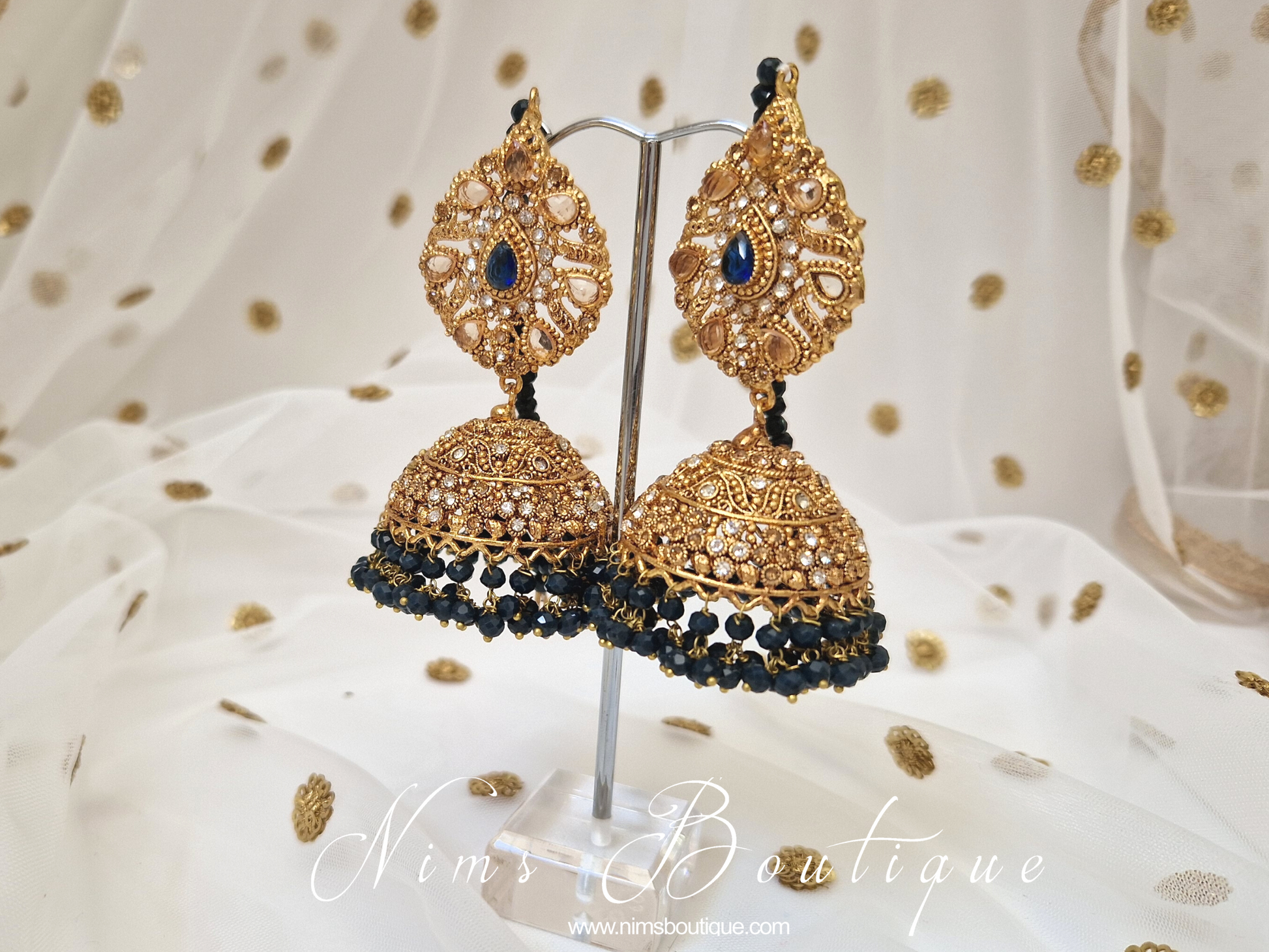 Nims Boutique Anjali Navy Chumke with earring chains & navy stone