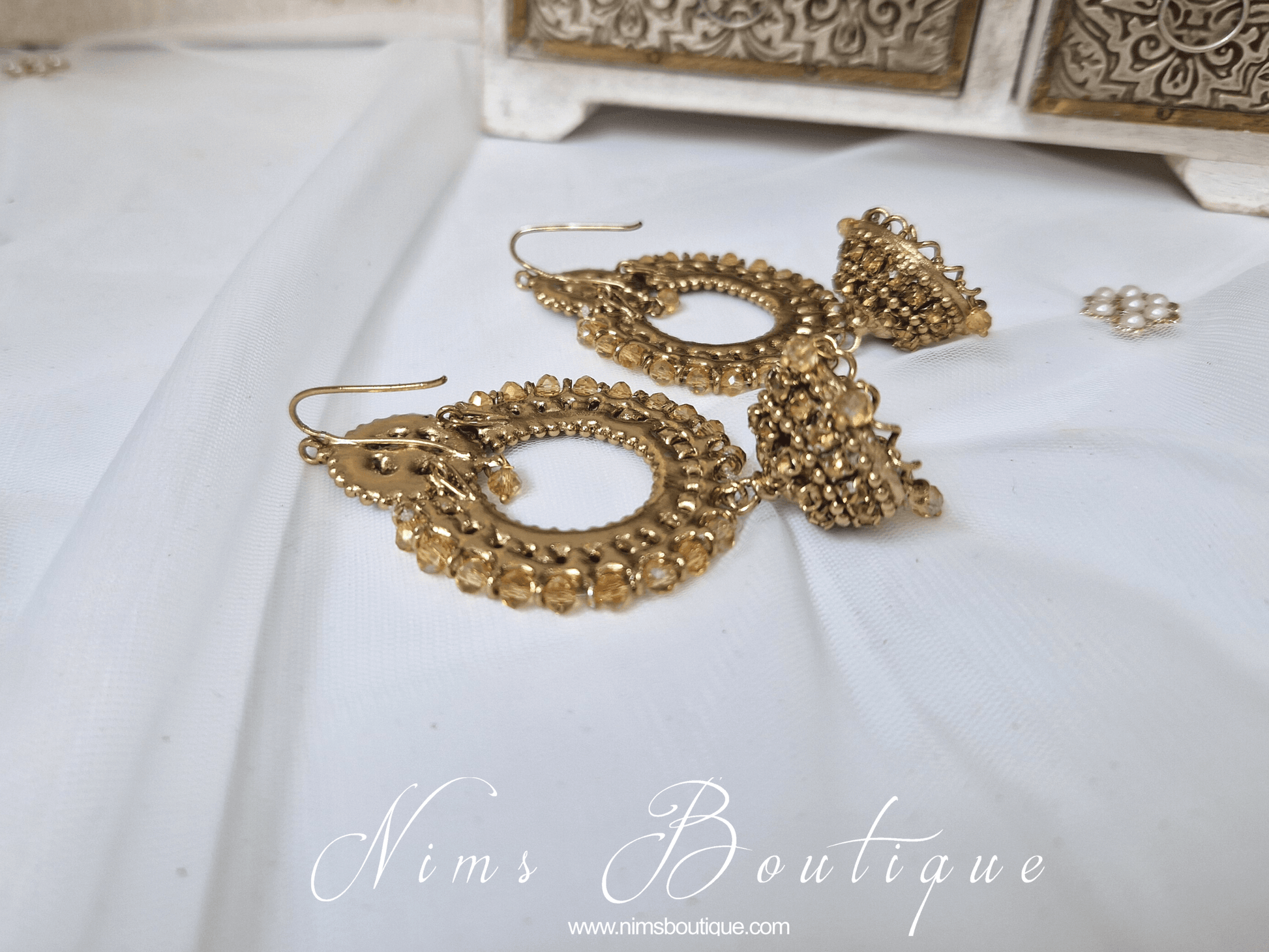 Nims Boutique Nish Antique Gold & Gold Stone Chumka Earrings