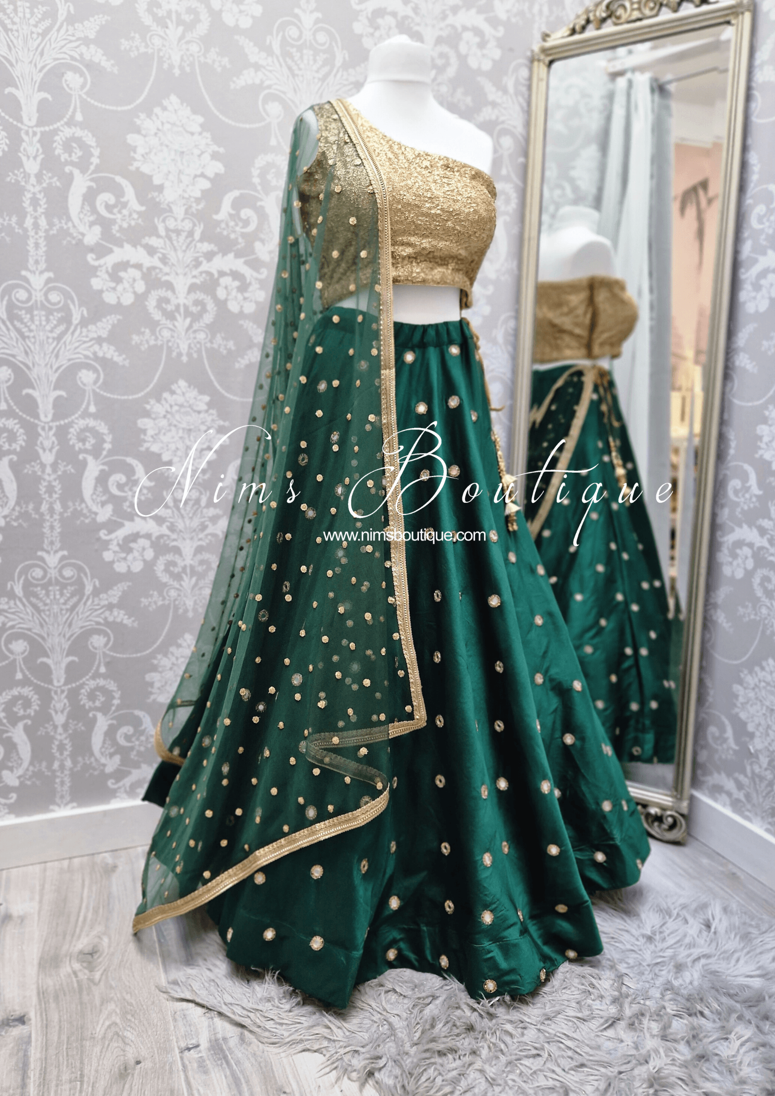 Nims Boutique Rani Luxury Silk Dark Green Mirror readymade skirt/lehnga size 4-18