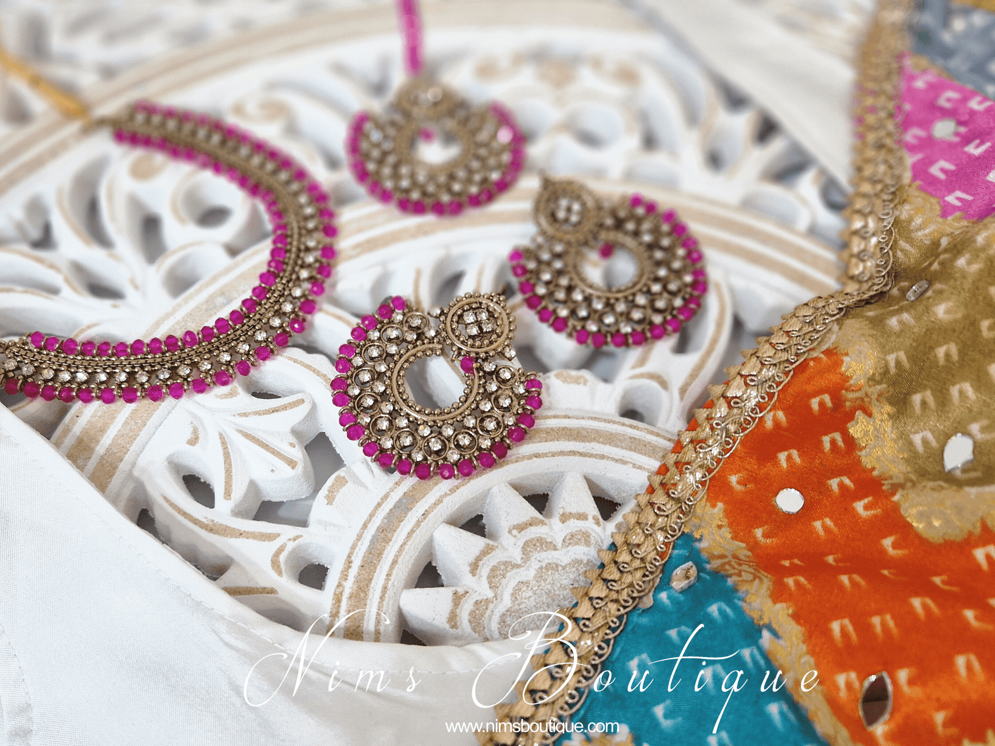Nims Boutique Royal Antique Gold & Hot Pink Chand Tikka Set