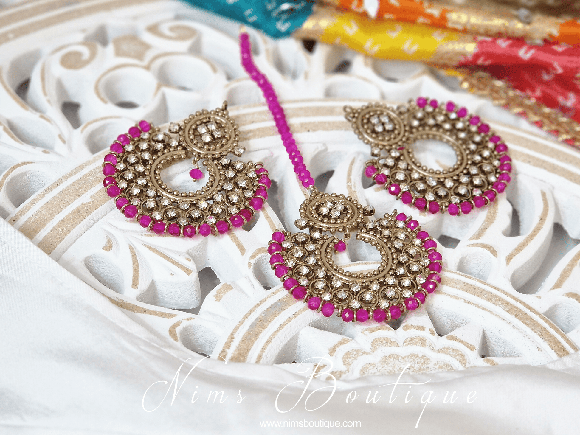 Nims Boutique Royal Antique Gold & Hot Pink Chand Tikka Set