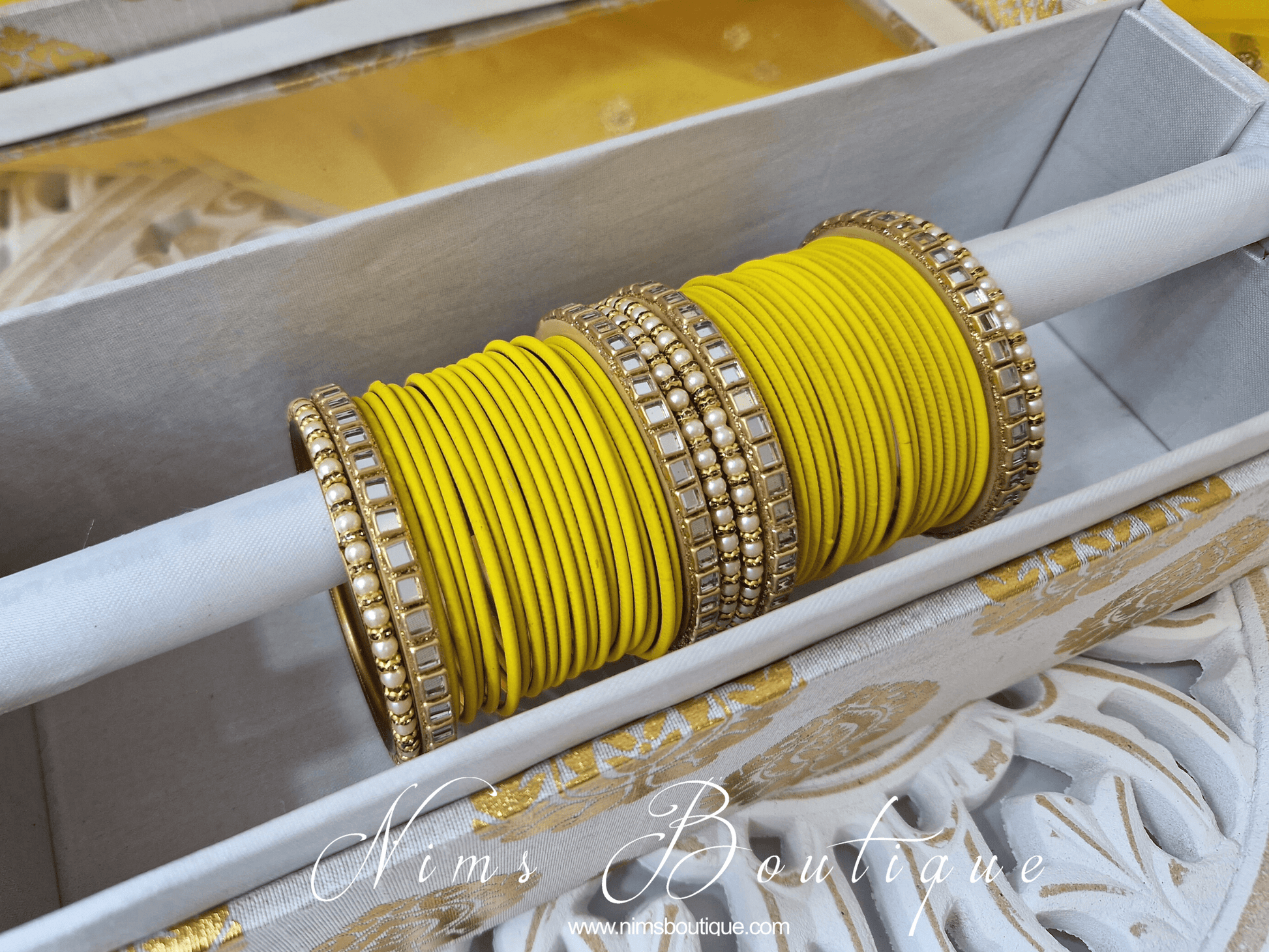 Nims Boutique Light Yellow & Kundan Set of Bangles LYN
