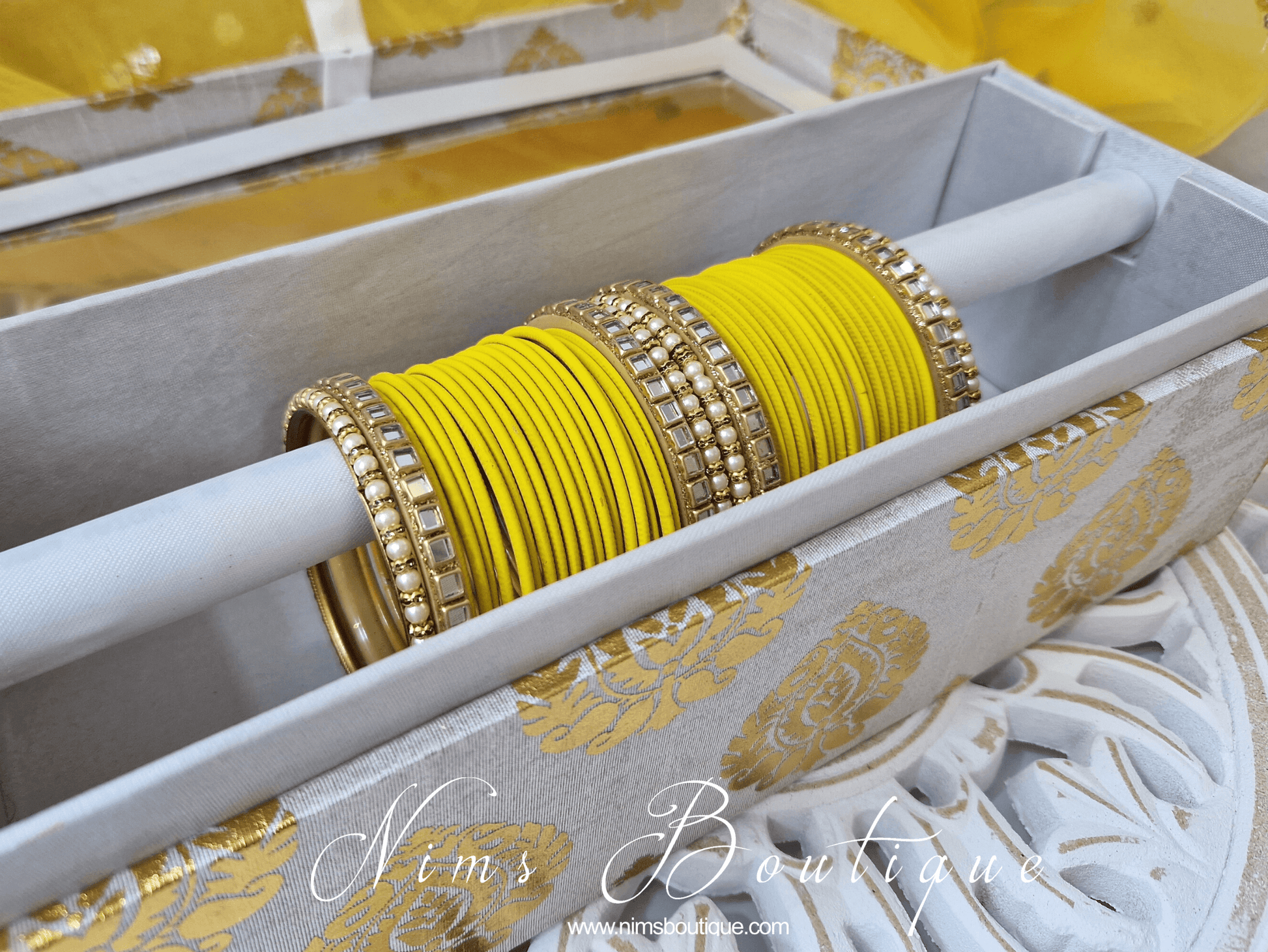 Nims Boutique Light Yellow & Kundan Set of Bangles LYN