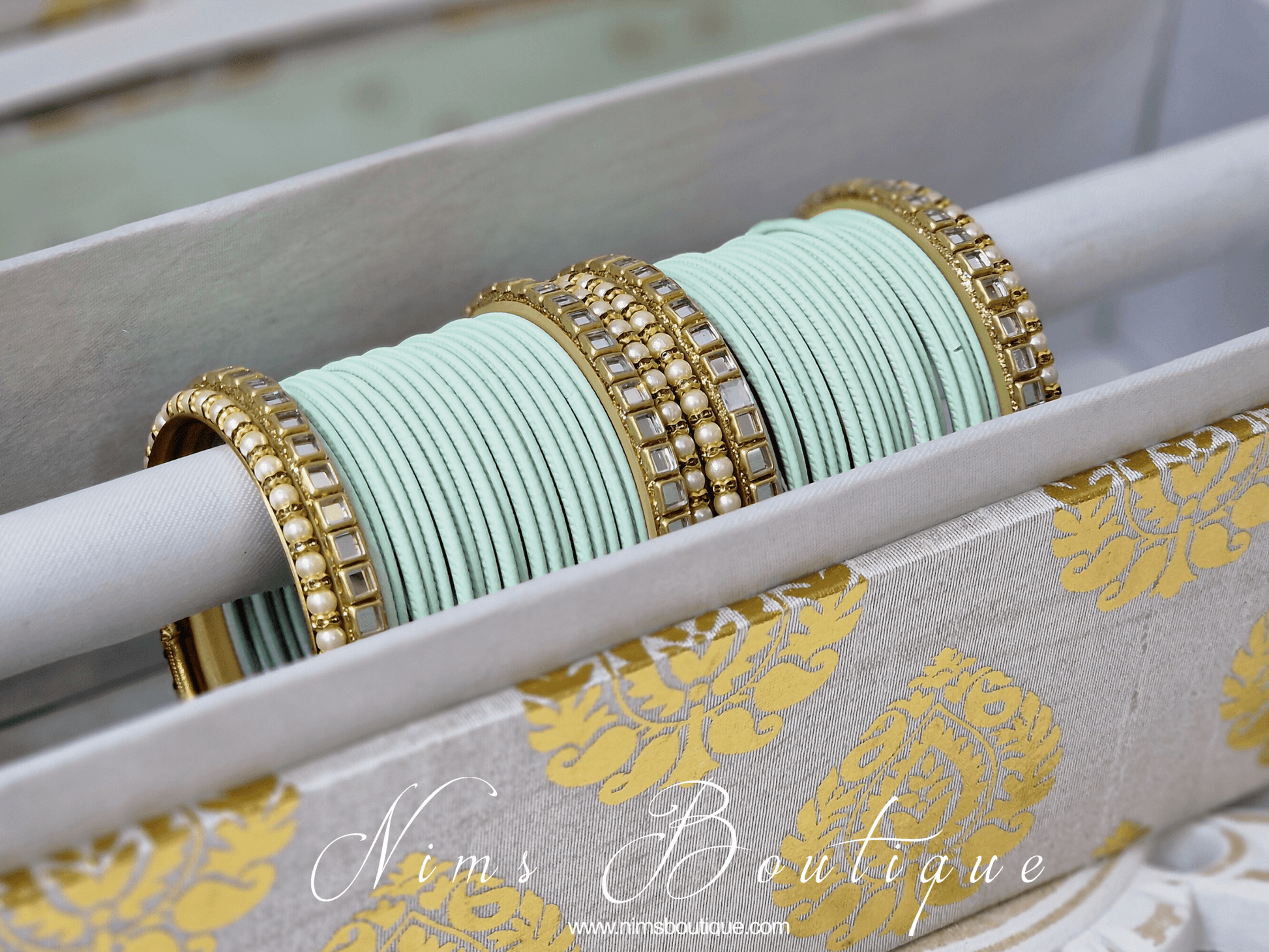 Nims Boutique Light Mint & Kundan Set of Bangles MBN