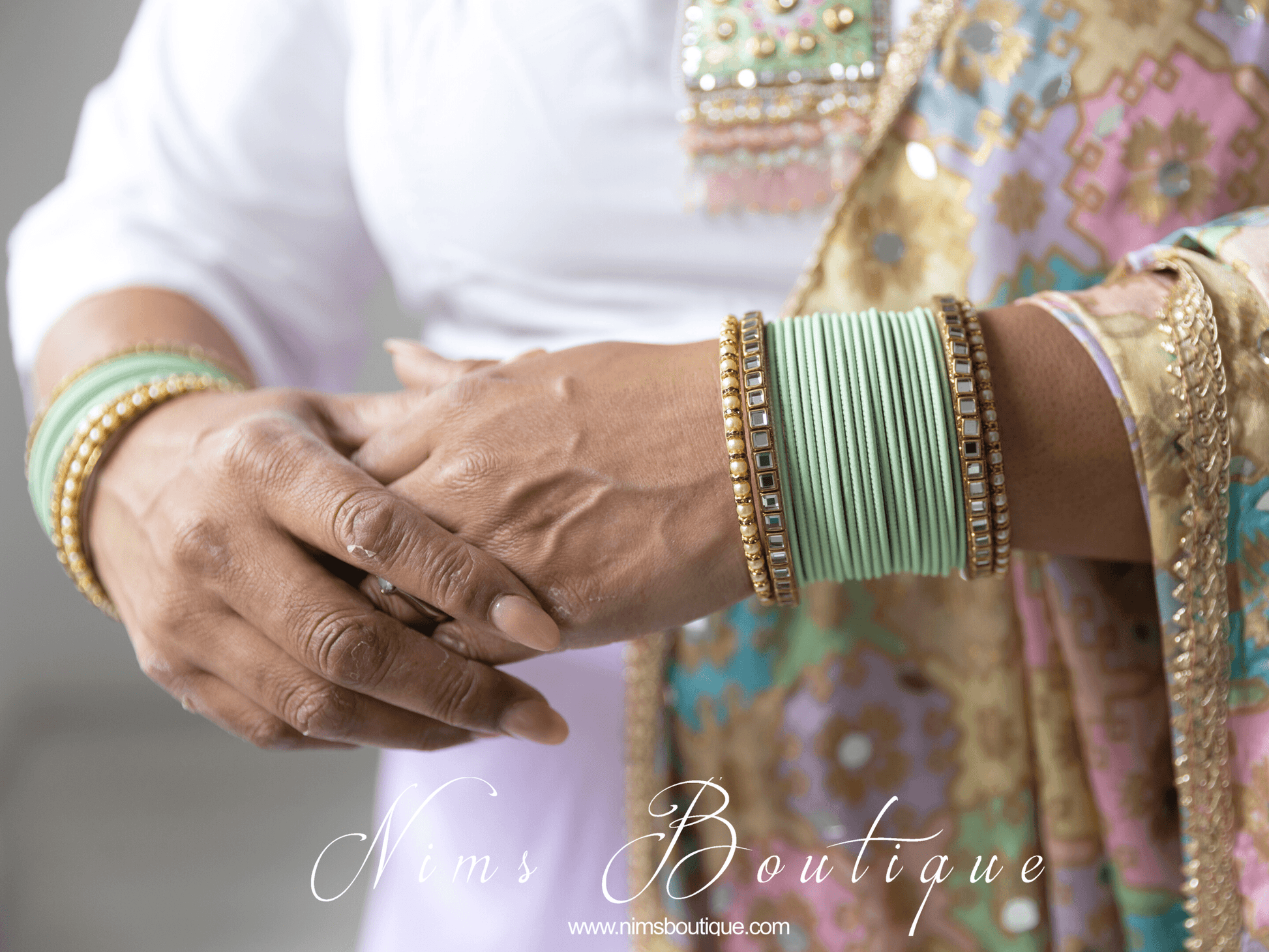 Nims Boutique Light Mint & Kundan Set of Bangles MBN