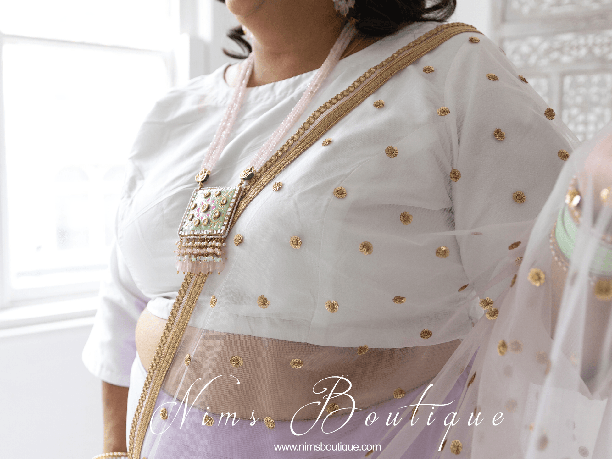 Nims Boutique White Pure Silk High Neck Blouse with sleeves size 4-26