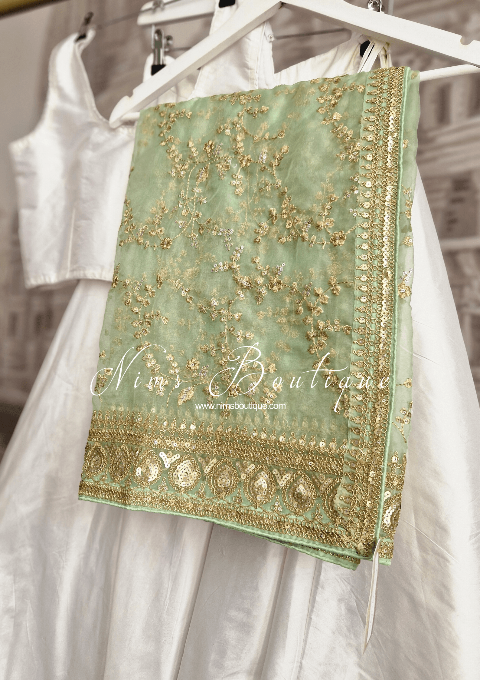 Nims Boutique Mahi Luxury Mint Green Organza Embroidered Dupatta/Chunni
