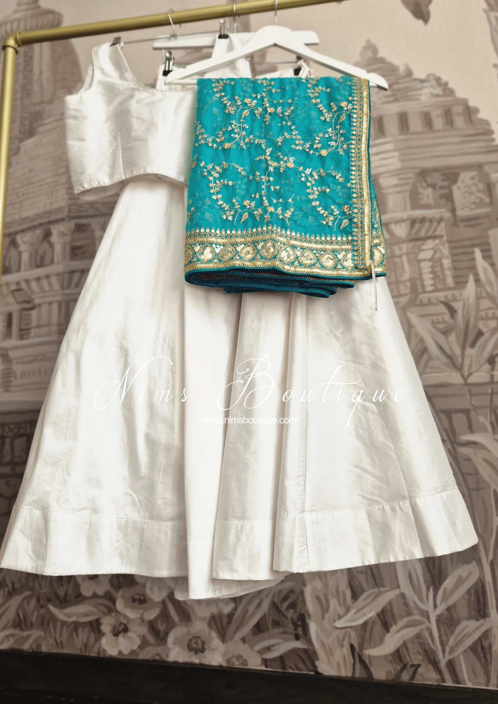 Nims Boutique Mahi Luxury Bright Teal Organza Embroidered Dupatta/Chunni