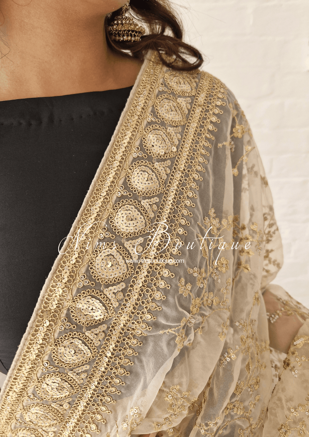 Nims Boutique Mahi Luxury Light Gold Organza Embroidered Dupatta/Chunni
