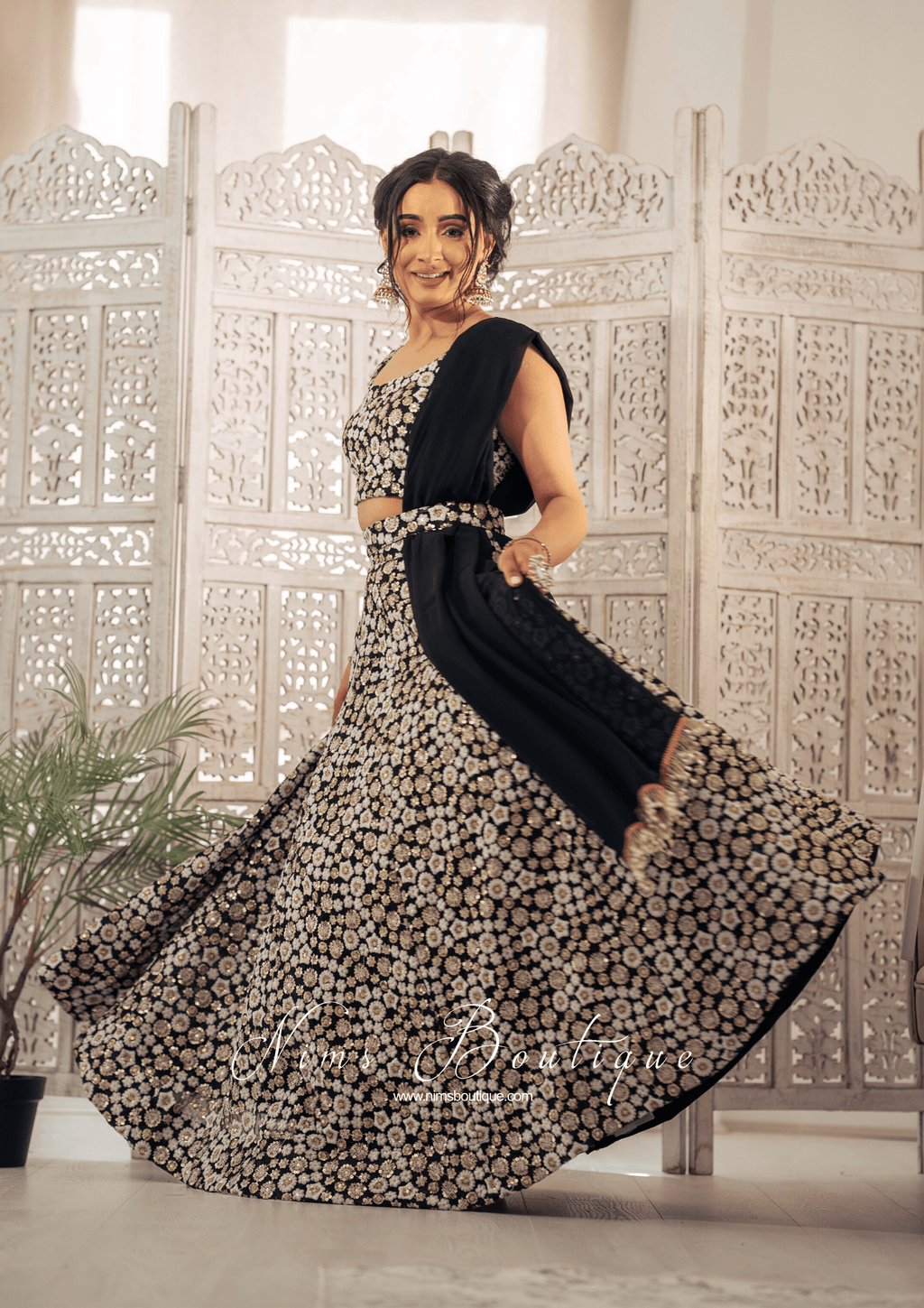 Nims Boutique Luxury Black & Ivory Sequin Bow Lehnga 6-14